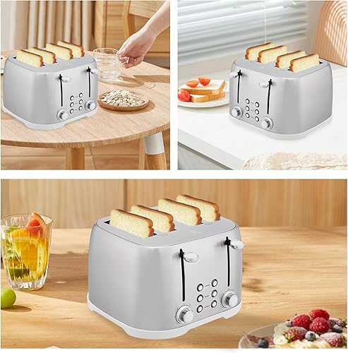 Miniatura 7 de Tostadora de acero inoxidable plateado cepillado de 4 rebanadas con ranuras anchas, bagel, funciones de descongelación, cancelación, panificadora de