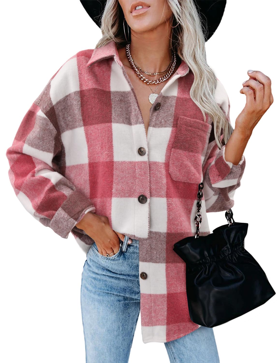 ZOLUCKY Womens Shackets Jacket Plus Size Long Sleeve Button Down Shirts Blouses Tops