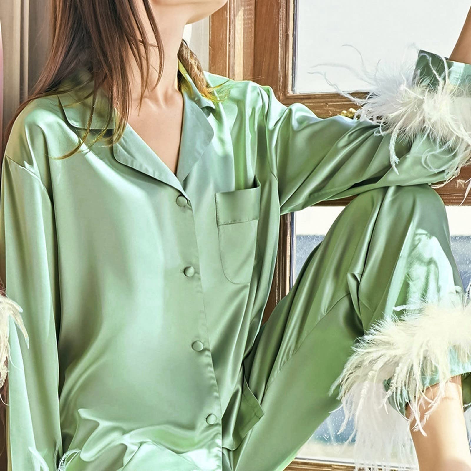Tuta da Notte Casual Donna Elegante Carina con Scollo A V Manica Lunga Tinta Unita Set per La Casa Camicia Azzurra Pigiama Cotone Aperto Davanti Corto Estivo Curvy Leggero Pigiami XXXL
