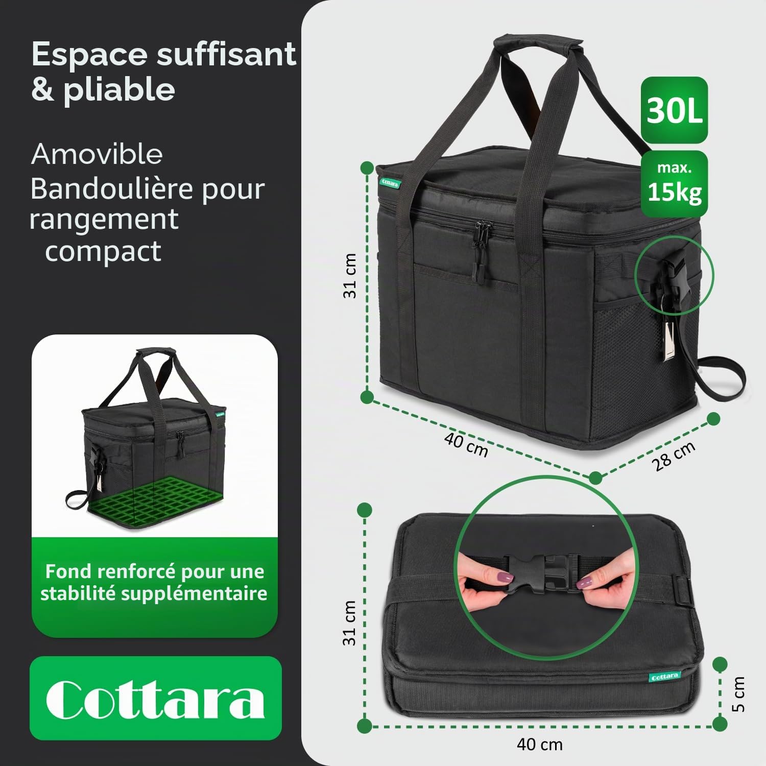 Cottara® Grand sac isotherme avec isolation anti-fuite 30 l – Sac isotherme pliable grand pour le shopping et le pique-nique – Sac de courses idéal, sac isotherme, sac de pique-nique
