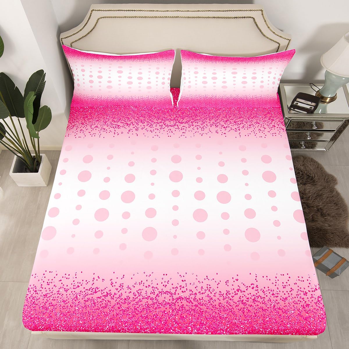 Manfei Rose Red Glitter Kids Fitted Sheet Double Size, Girly Pink Dots Bed Cover with 2 Pillowcases, Modern Abstract Bedding Set for Girls Teens Adults Bedroom Decor, Soft Polyester Bedding