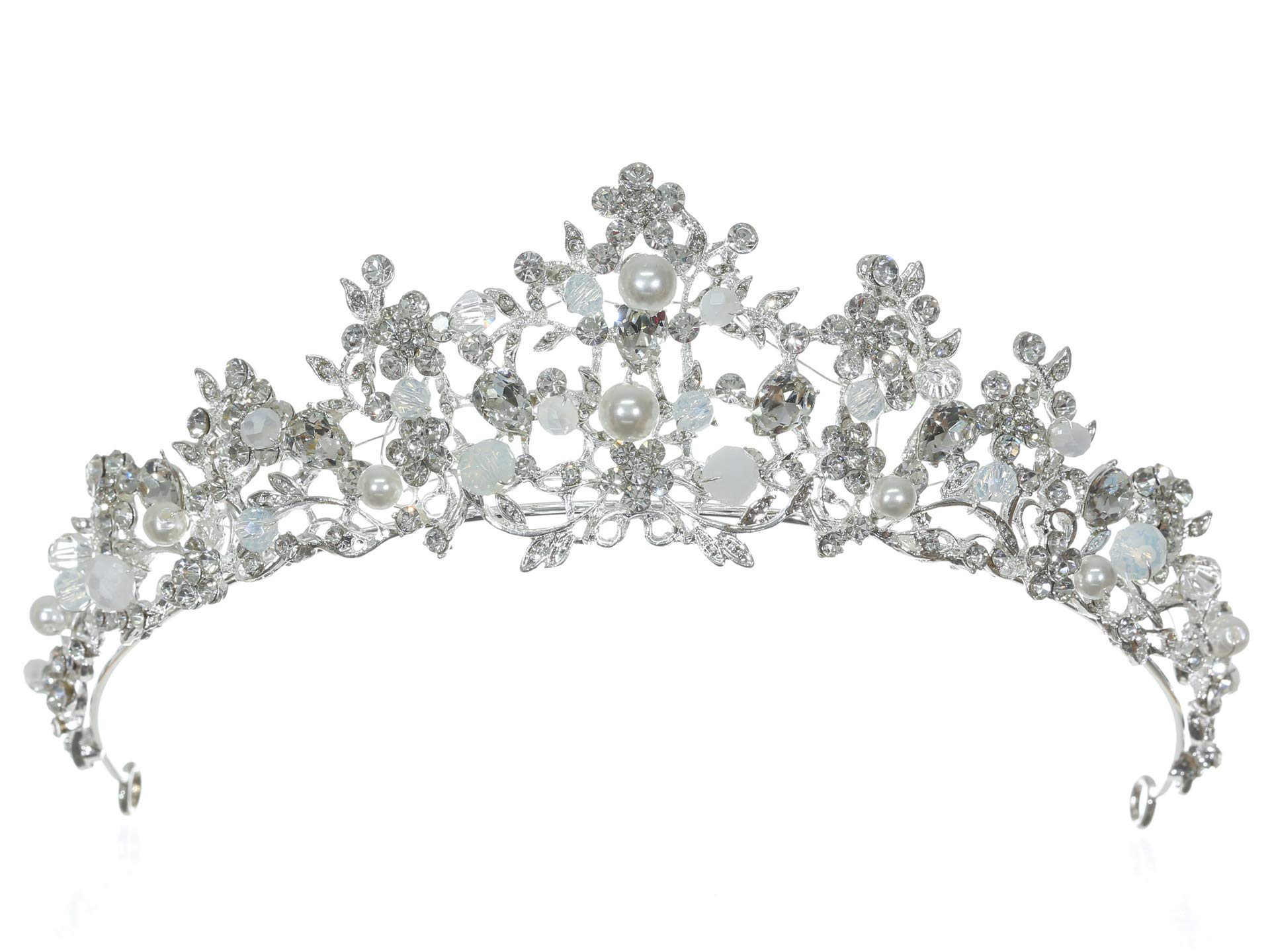 SAMKY Silver Flower White Opal Pearl Crystal Tiara Crown T1304