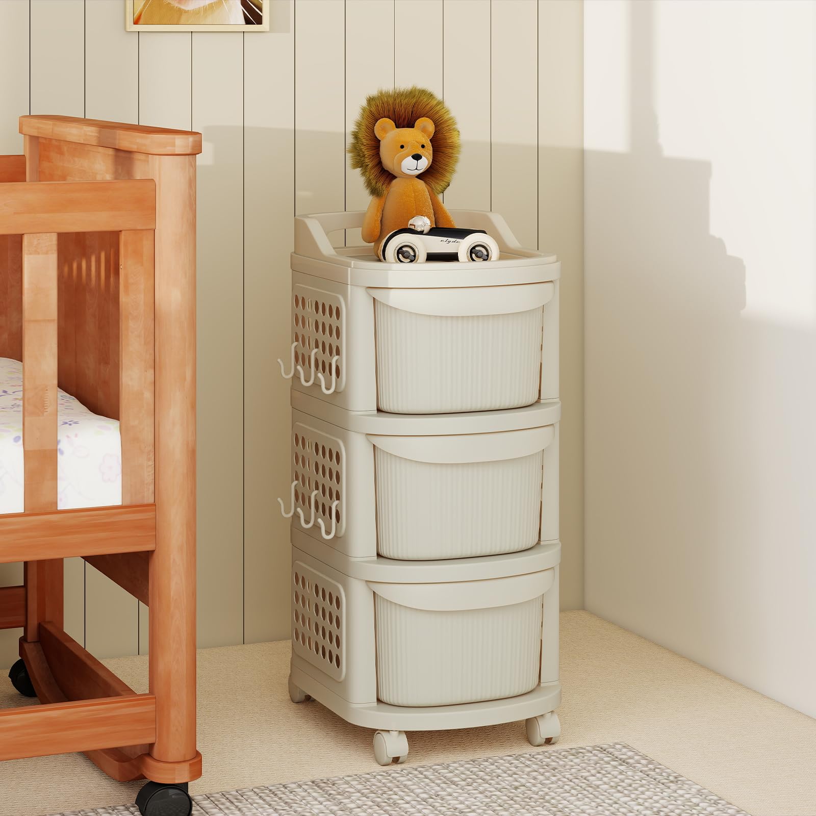 GIANTEX Chariot de Rangement à roulettes avec 3 Tiroirs, Tour de Rangement en Plastiqu, Panneaux Perforés Latéraux, 6 Crochets, Roues Verrouillables, pour Salon, Chambre, Bureau à Domicile