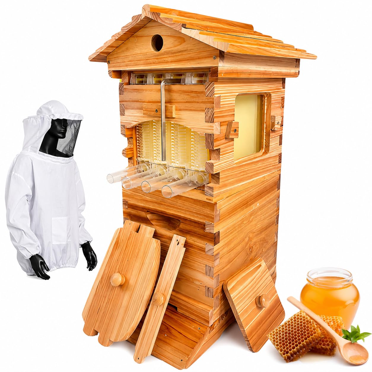 Kit ruche à flux vertical, ruche en bois, 4 cadres et 6 plateaux en nid