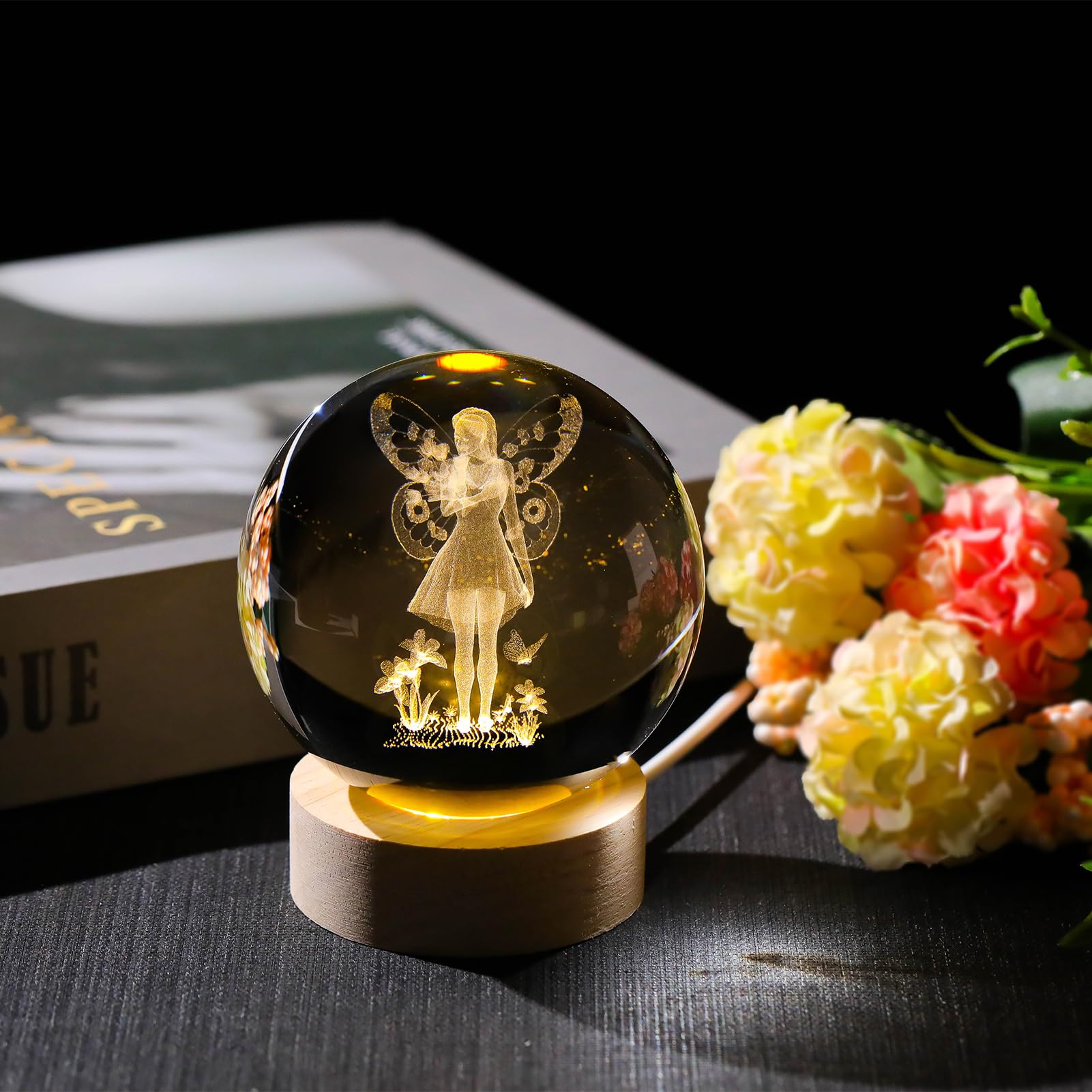 Arikyrist 3D Crystal Ball Lamp with Fairy Figurine and Wooden Base, Laser Engraved Crystal Sphere Night Light and Home Decor Gift