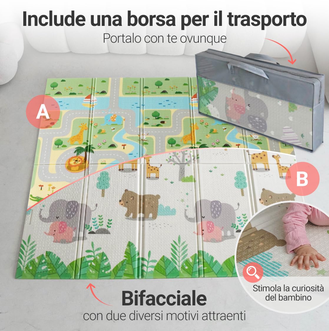 MIKMEL Tappetino da gioco per bambini (Strade/Animali, Grande)