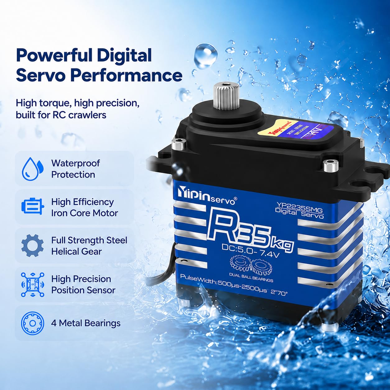 Servo digital sin núcleo de 35 kg, 5-7,4 V, engranaje de acero, IP67 resistente al agua para coche RC 270 grados
