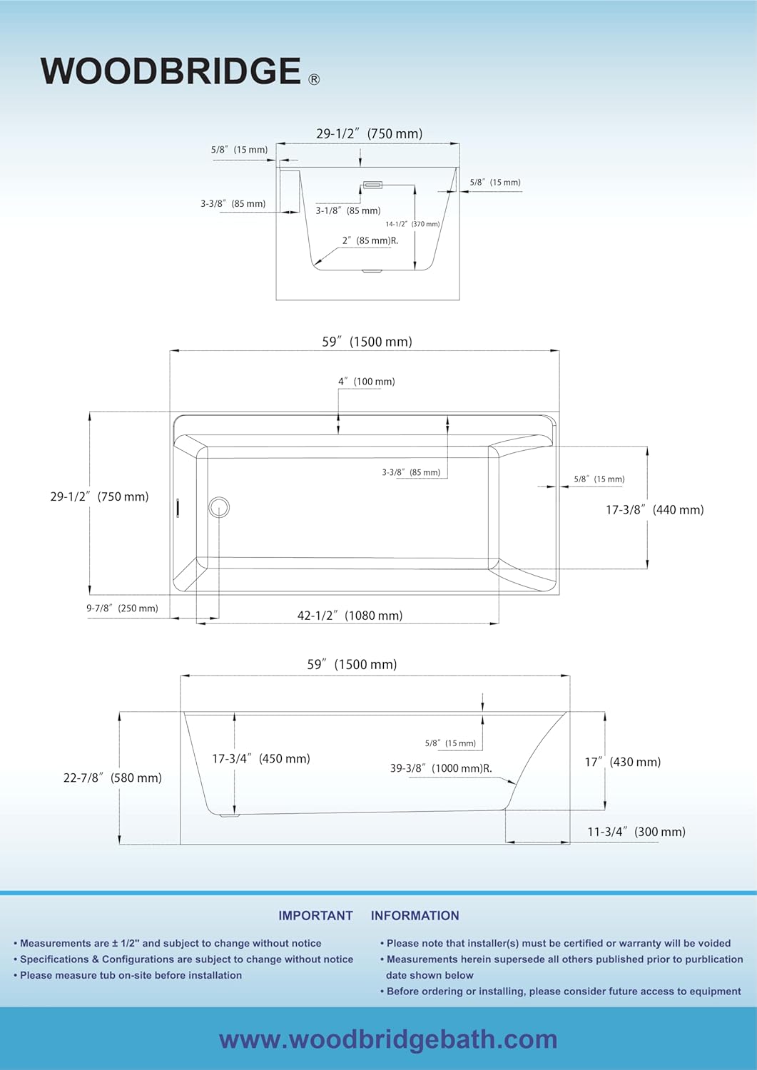 WOODBRIDGE 59" L x 29-1/2" W Freestanding Contemporary Soaking Bathtub with Matte Black Drain & Overflow, White, B5910-MB