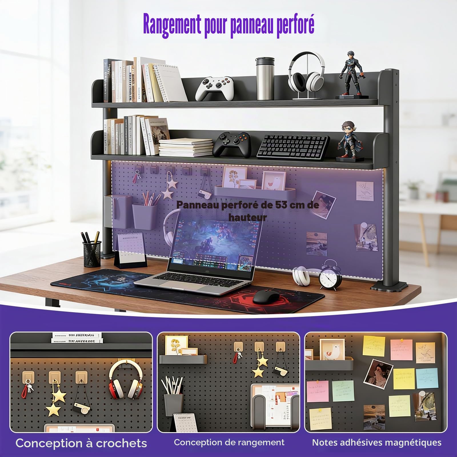 Étagère de bureau à deux niveaux avec panneau perforé, 80 cm