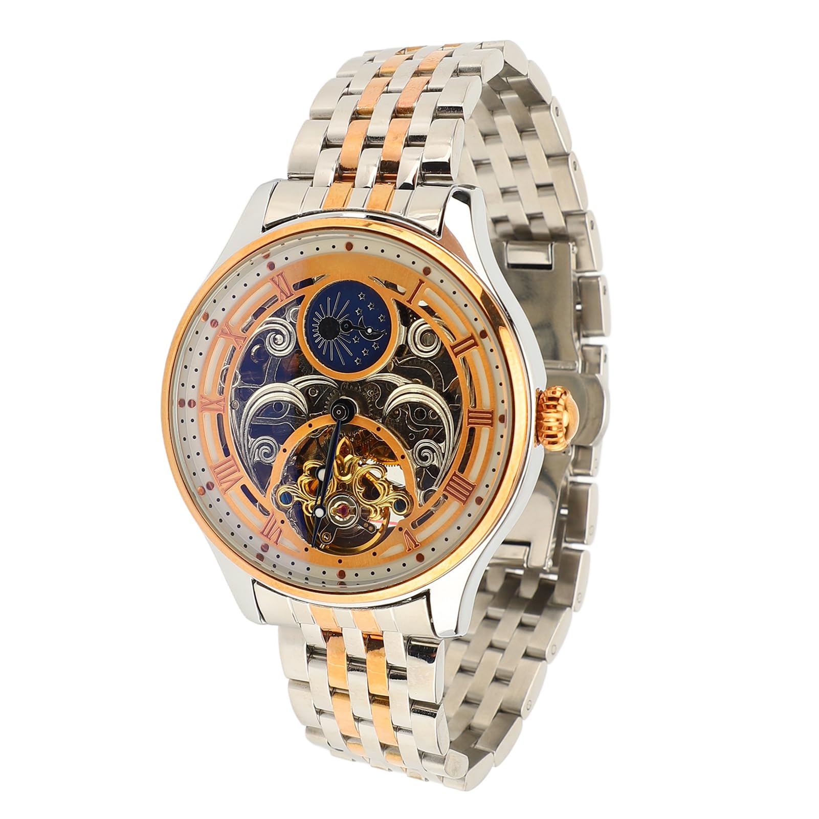 Brrnoo Tourbillon-Mechanische Uhr, Herren-Luxus-Skelett-Automatik-Mechanische-Armbanduhr, Tourbillon, Freiliegendes Uhrwerkszifferblatt, Mondphrase, Wasserdicht