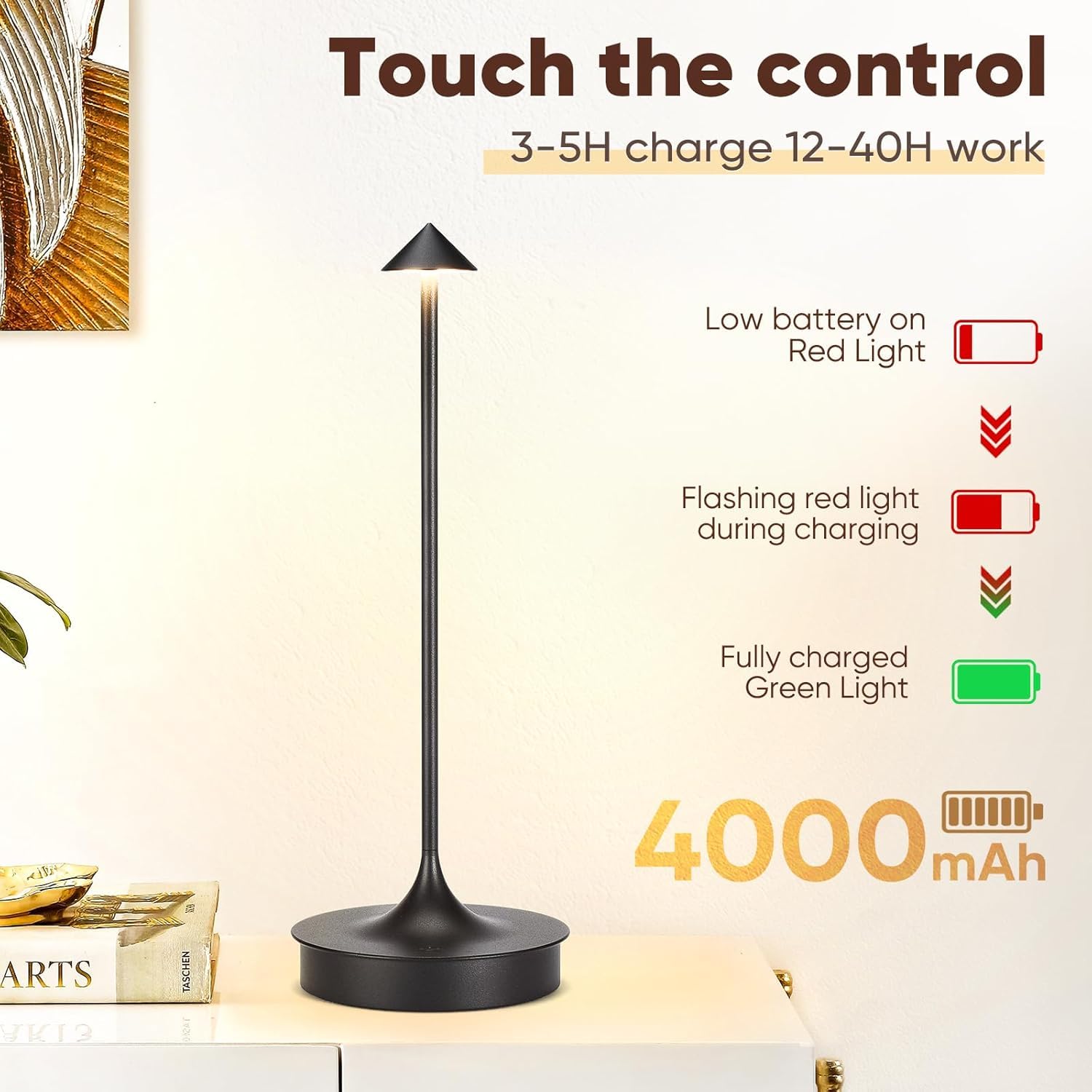 Tischlampe Kabellos，led dimmbar Akku weiß Tischleuchte IP54,Vintage Kleine Kabellose Tischlampen,Usb Aufladbar,FüR Schlafzimmer,Bar,Wohnzimmer,Esstisch,Hotel Camping,nachttischlampe ohne kabel