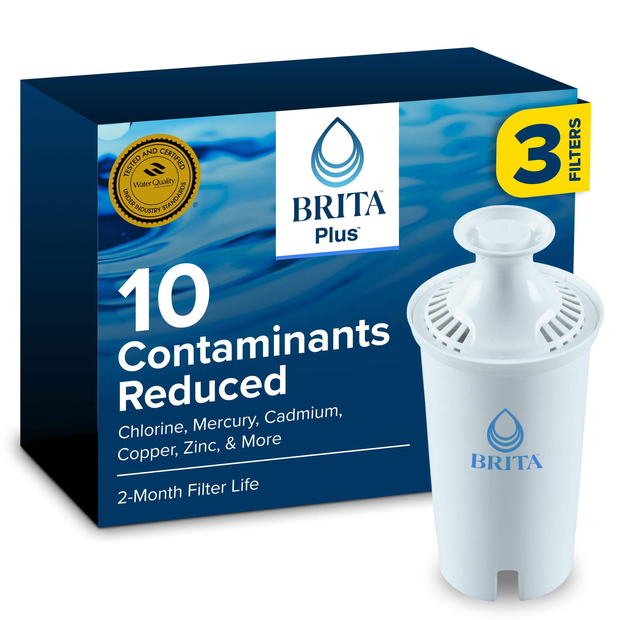 Brita BritaPlus Replacement Water Filter for Pitchers and Dispensers, WQA NSF/ANSI Certified, Reduces 2x More Contaminants vs. Standard Brita, Reduces Chlorine Zinc Copper Mercury & More, 3 Filters