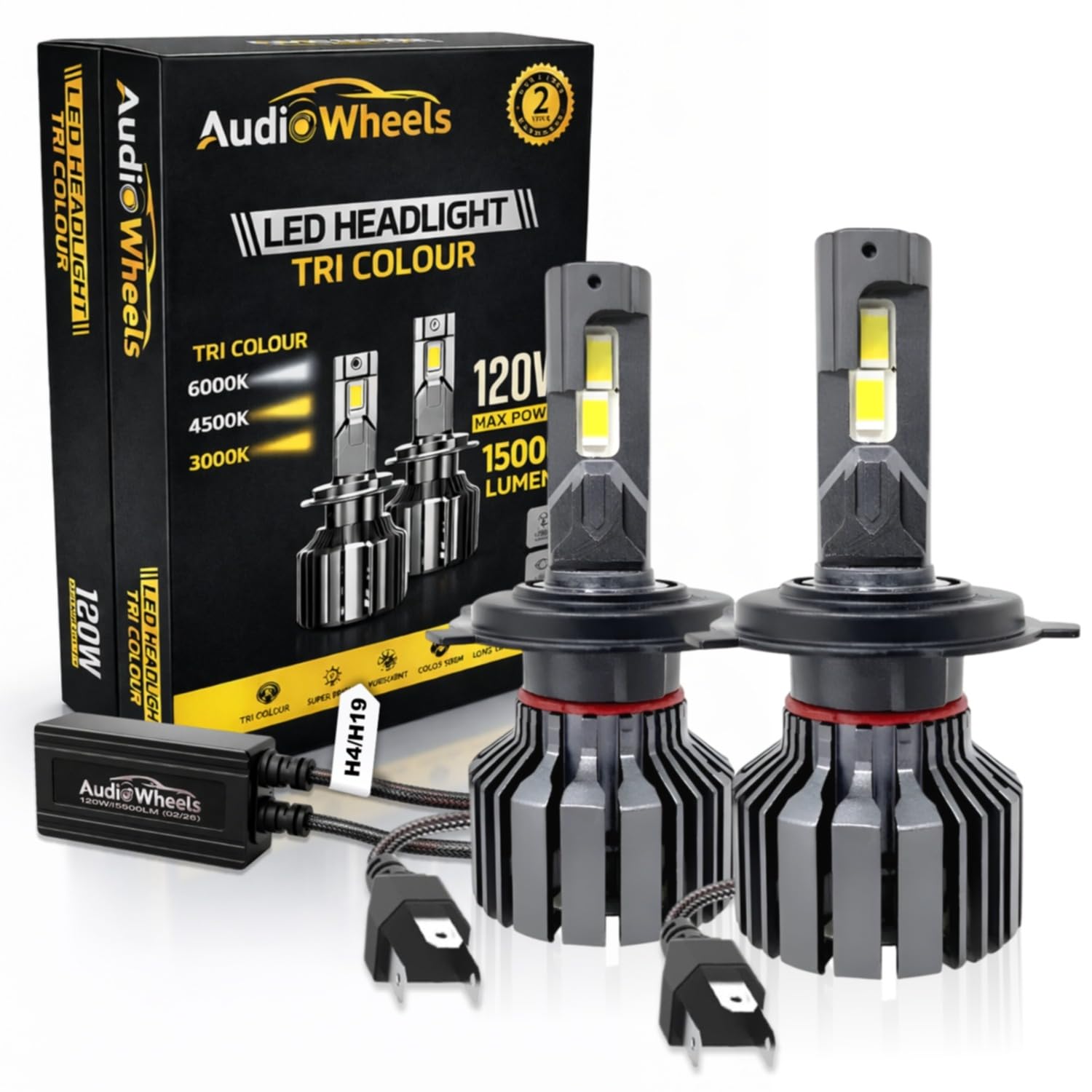 Audio Wheels H4/H19 LED Headlight 120W - Dual Beam (High & Low Beam) | Tri Colour (6000K/4300K/3000K) | 15000 Lumens | IP68 Waterproof | Plug & Play Car Halogen Bulb Replacement Lamp-image-39