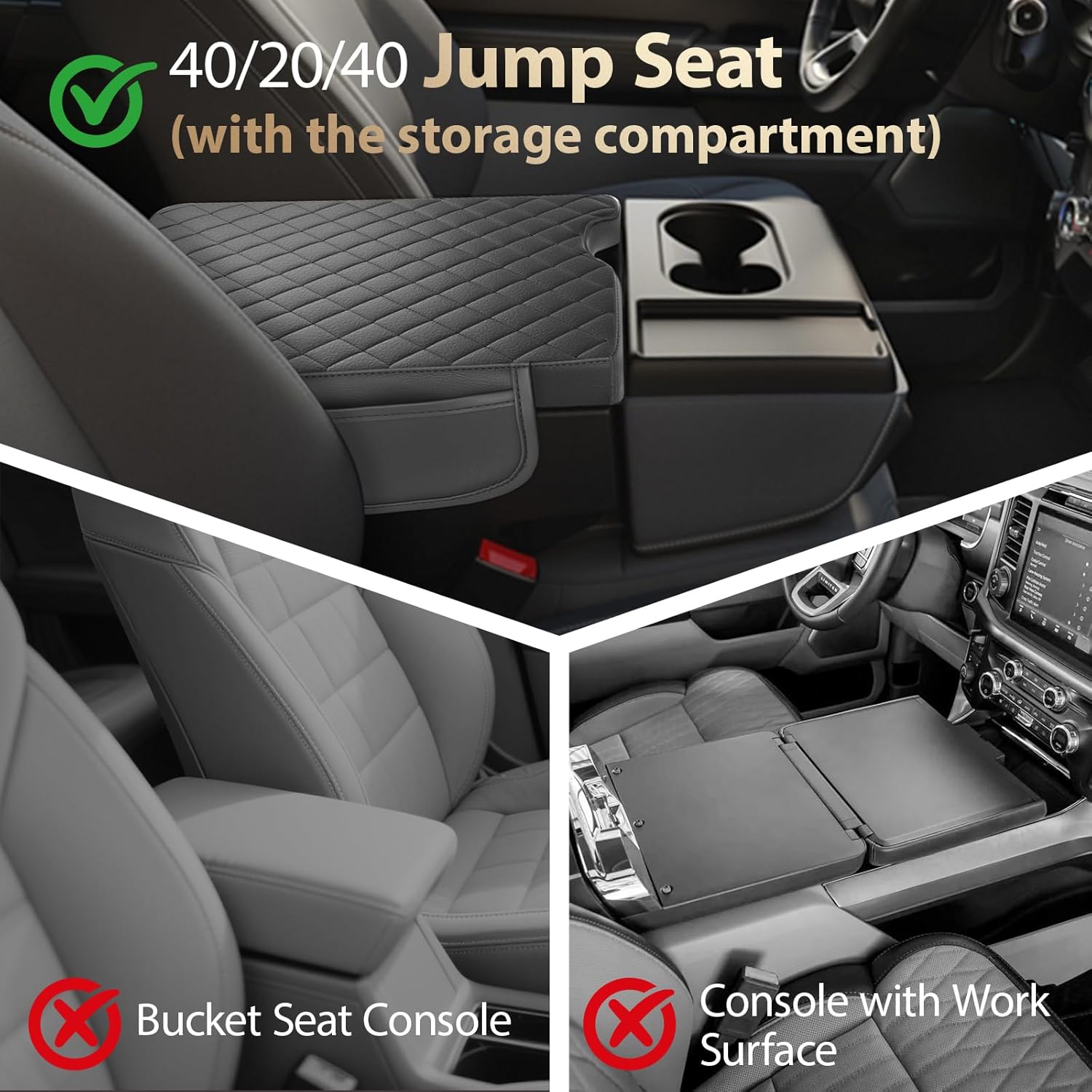 AZEAM Center Console Cover for 2015-2026 Ford F150, 2017-2026 F250 F350 F450 with 40/20/40 Jump Seat, Leather Middle Console Armrest Cover Accessories with 2 Sided Pockets (Jump Seat Only)