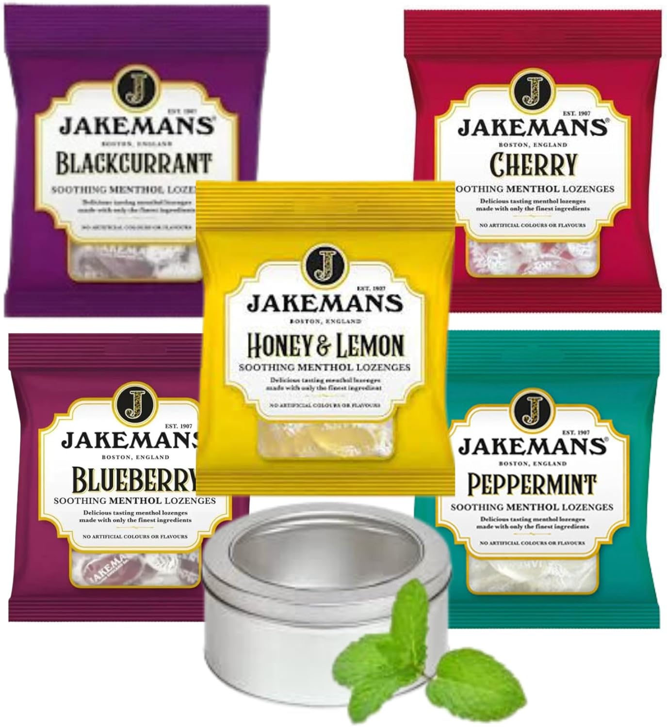 Jakemans Throat Lozenges Menthol Sweets 5Pack Bundle TinTastic Silver Window Refillable Lid