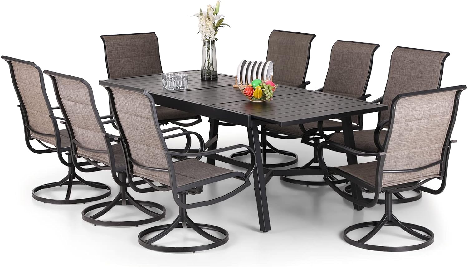 PHI VILLA 9 PCS Patio Dining Set, 8 Padded Swivel Dining Chair with Quick-Dry Cotton and 1 Extandable Metal Table,E-Coating for Rustproof for Outside, Poolside