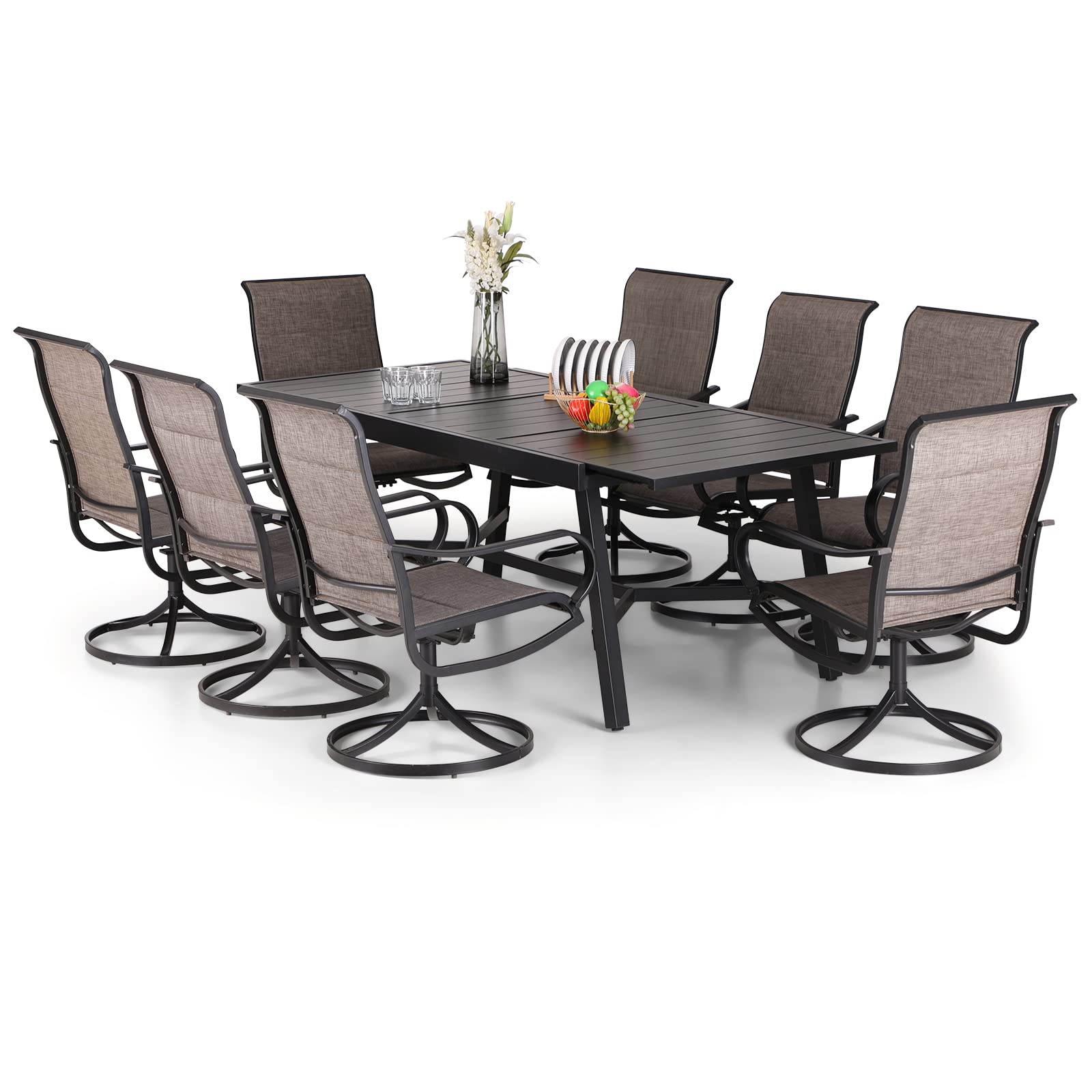 PHI VILLA 9 PCS Patio Dining Set, 8 Padded Swivel Dining Chair with Quick-Dry Cotton and 1 Extandable Metal Table,E-Coating for Rustproof for Outside,