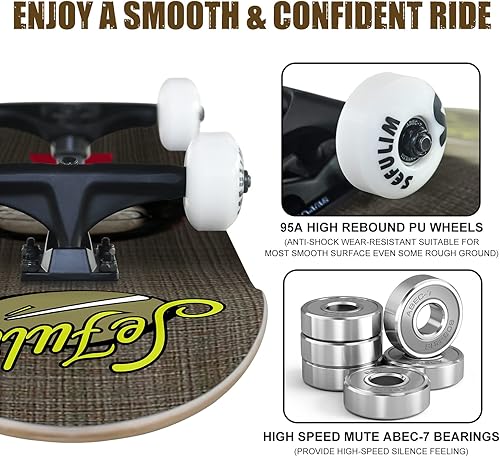 Miniatura 5 de Sefulim 31 x 8 Inch Complete Skateboard 7 Layer Canadian Maple Double Kick Deck Concave Cruiser Trick Skateboard for Boys Girls Teens Adults Beginner