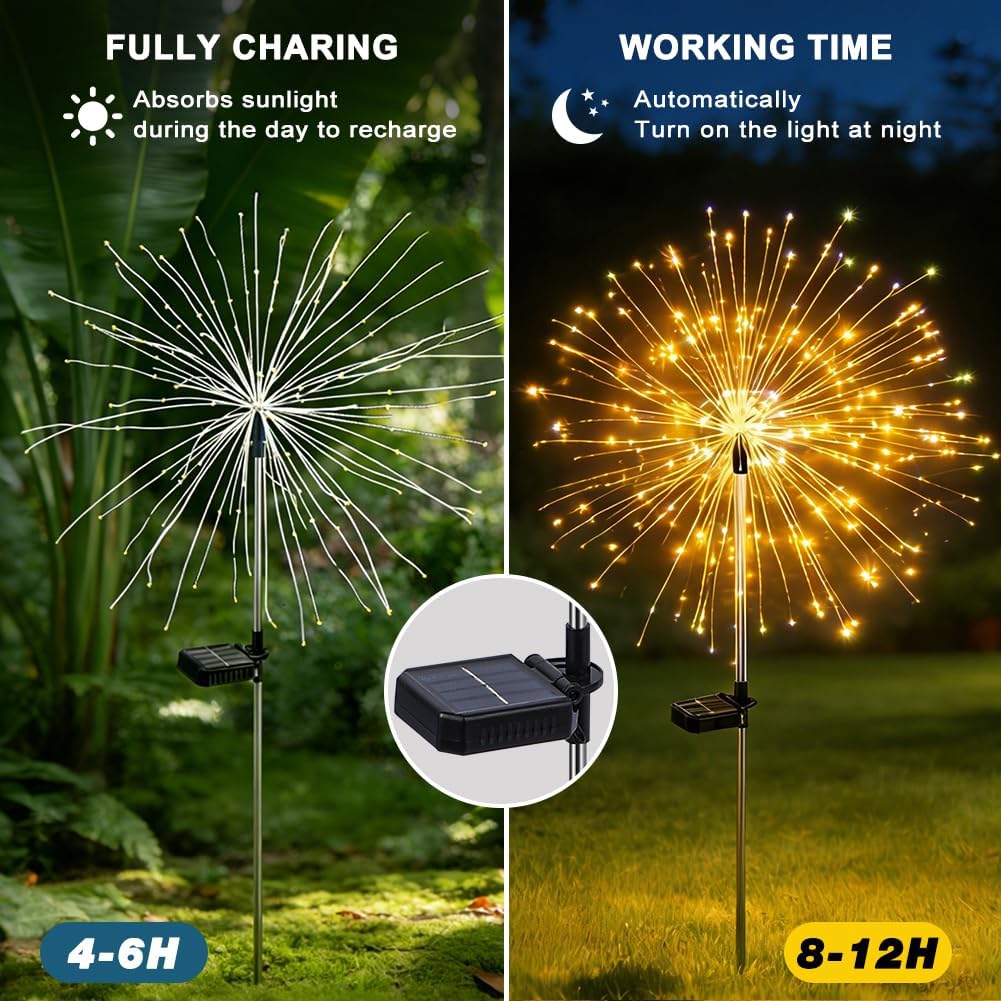 Solar Fireworks Lights for Outside, 150LED 8 Modes Fireworks Solar Lights Outdoor, Fairy Garden Flowers for Yard Pathway Wedding Party Christmas Diwali Garden Decor 6Pack (Warm White)