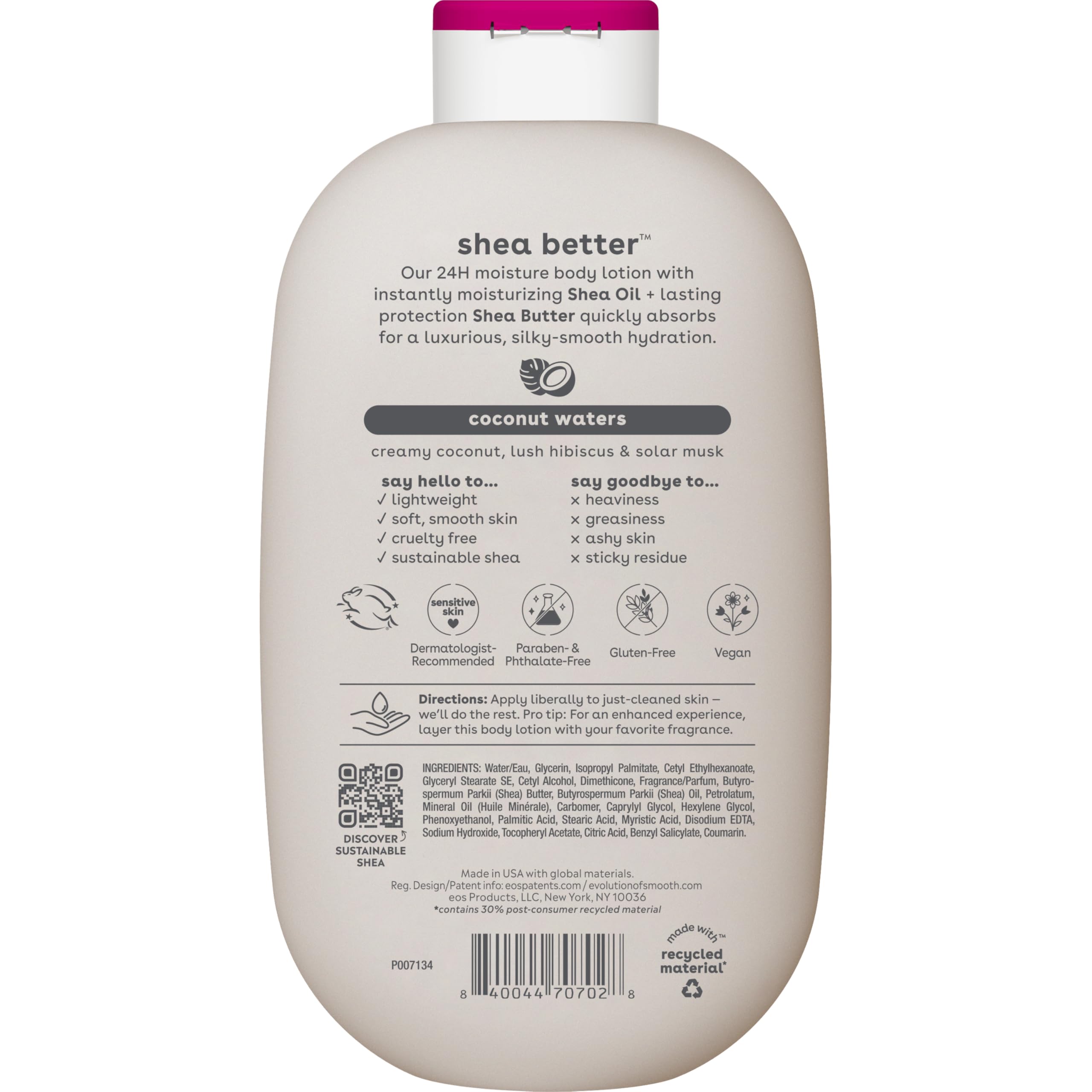 eos Loción corporal Shea Better - Agua de coco, cuidado hidratado de la piel durante 24 horas, ligera y no grasa, hecha con manteca de karité natural, vegana, 473 ml