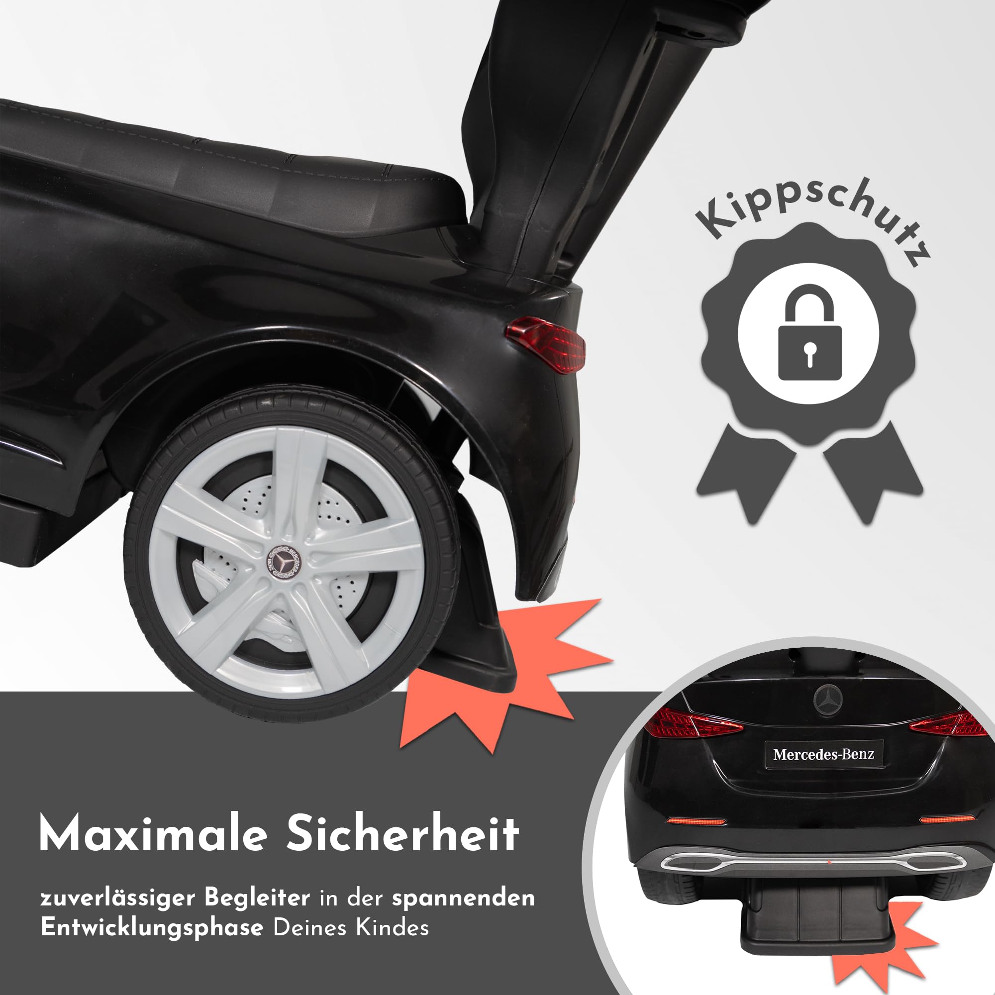 Lemodo Rutschauto schwarz ab 1 Jahr – Rutscherfahrzeug Kinderfahrzeug mit Schiebestange und Sicherheitsbügel, Rutscherauto mit Staufach und Sound-Lenkrad, Lizenziertes Kinderspielzeug von Mercedes
