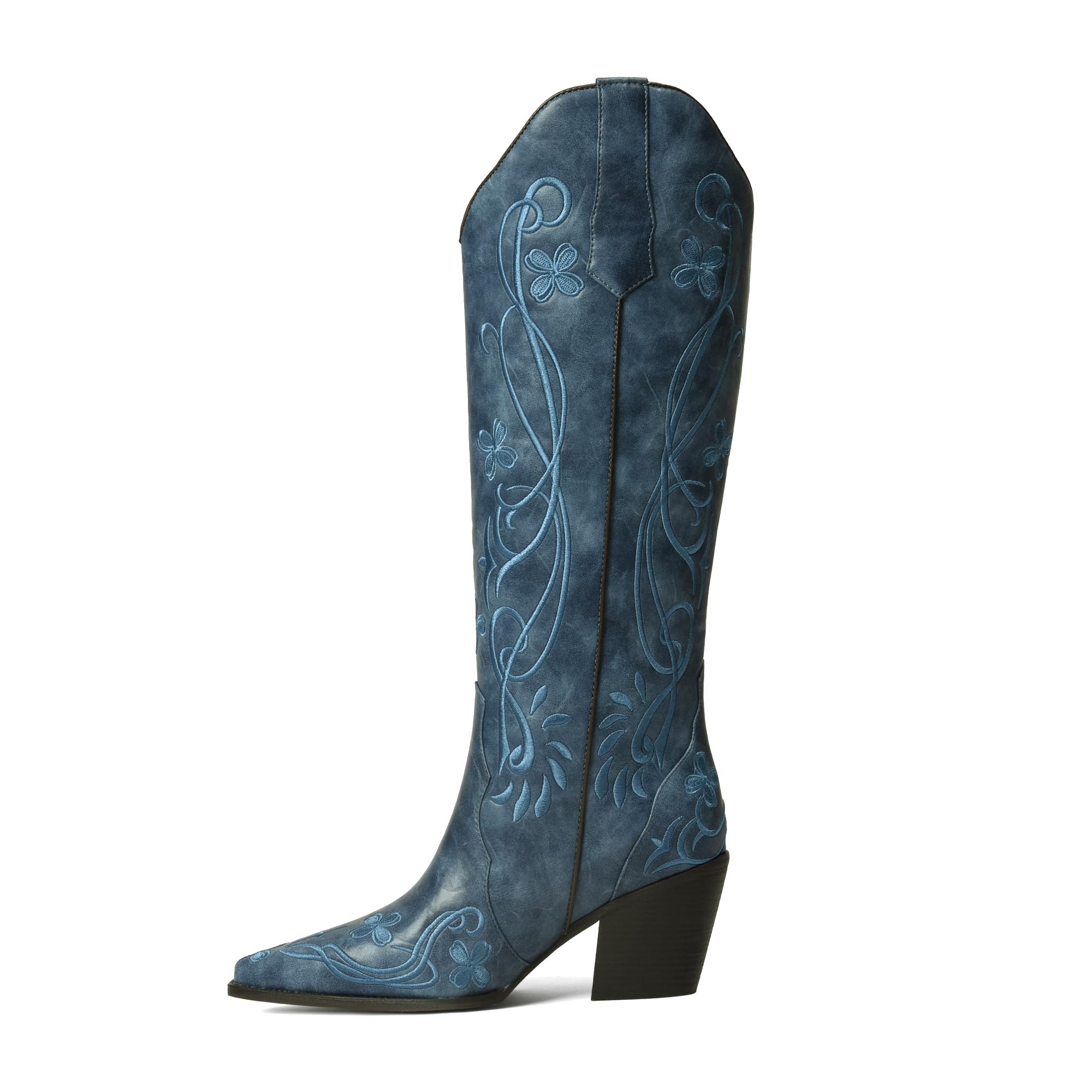 iiimmu Cowgirl Boots Women Knee High Vintage Cowboy Boots with Floral Embroidered Classic Pull On Design Western Footwear