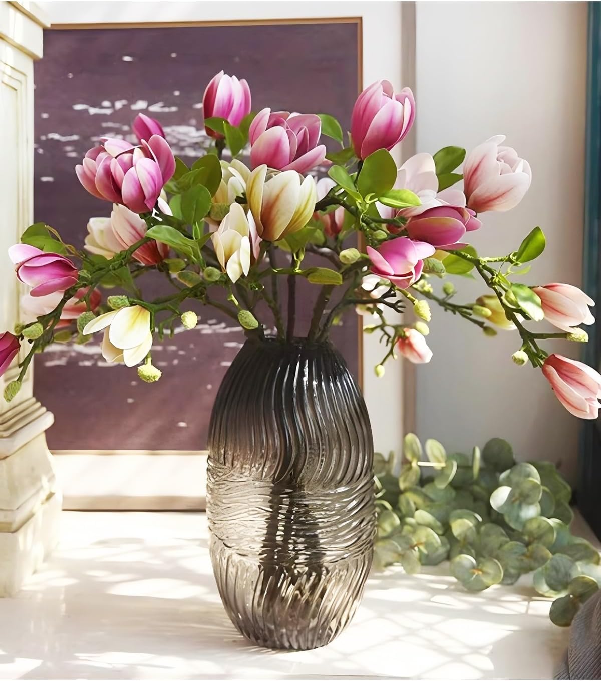 Artificial Magnolia Flowers, 26.5 Inch Fake Branches with Bendable Stem for Home Office Hotel Decor (6, 2Pink+2Purple+2Green)
