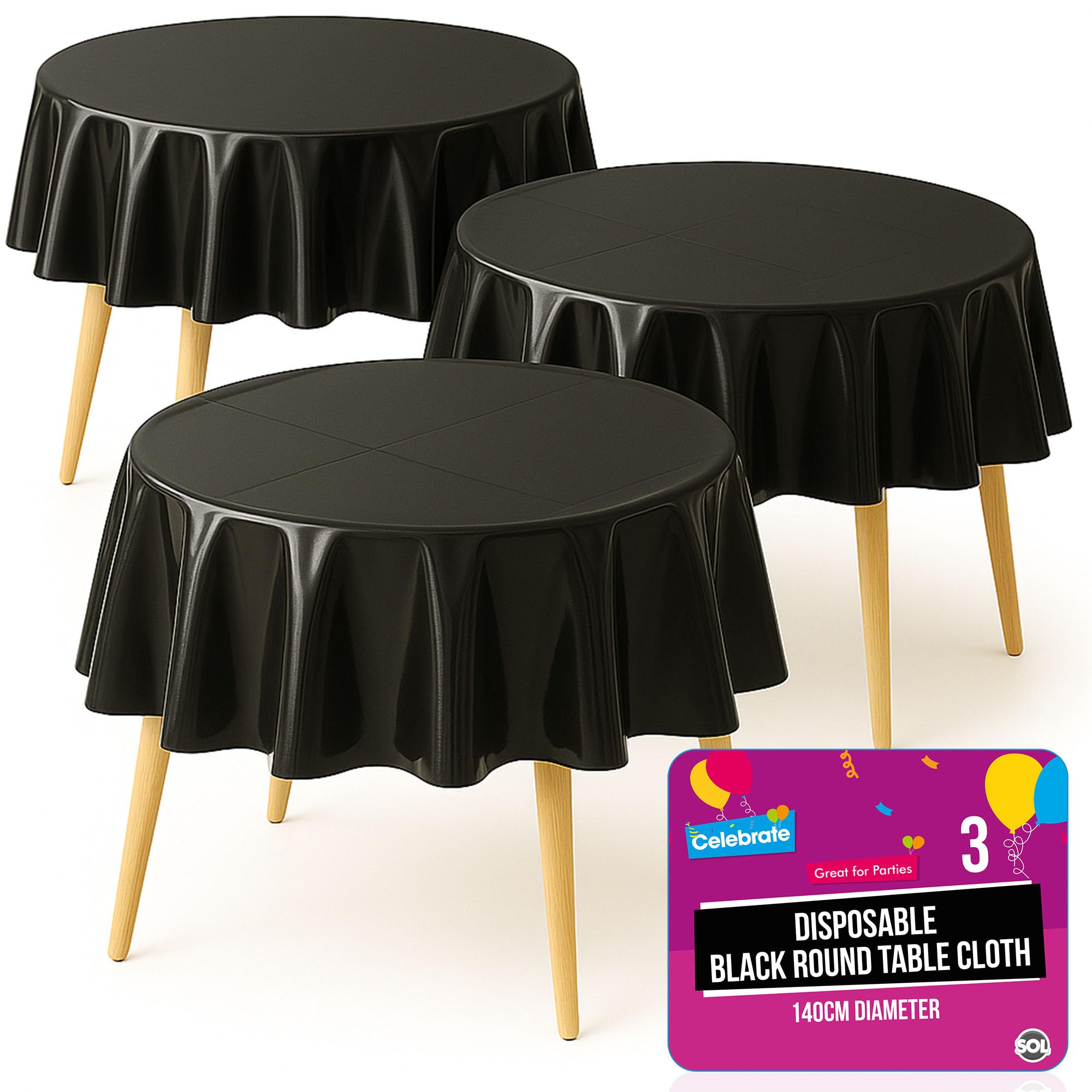 Sol Black 3Pk Round Table Cloth Disposable 140Cm Party Tablecloths For Circular Table - Durable Spill Protection - Perfect For Weddings, Buffets, Catering, Restaurants & Outdoor Events