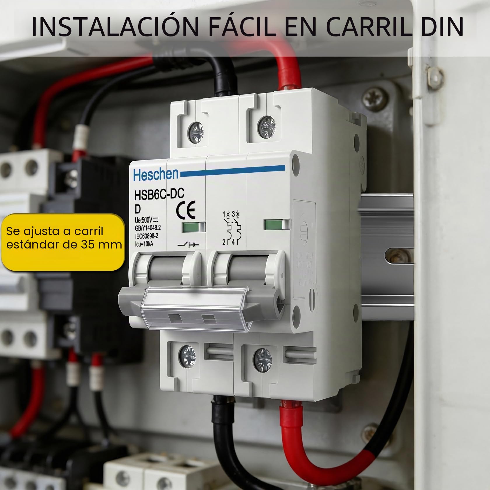 Heschen Interruptor de circuito en miniatura CC, HSB6C-DC, 2 polos, DC500V 125A, disyuntor fotovoltaico, para sistema solar fotovoltaico, sistema de rejilla de paneles solares, montaje en riel DIN de