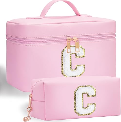 Bolsa de maquillaje con inicial, 2 bolsas de maquillaje con iniciales para mujeres y niñas, bolsa de cosméticos personalizada con monograma
