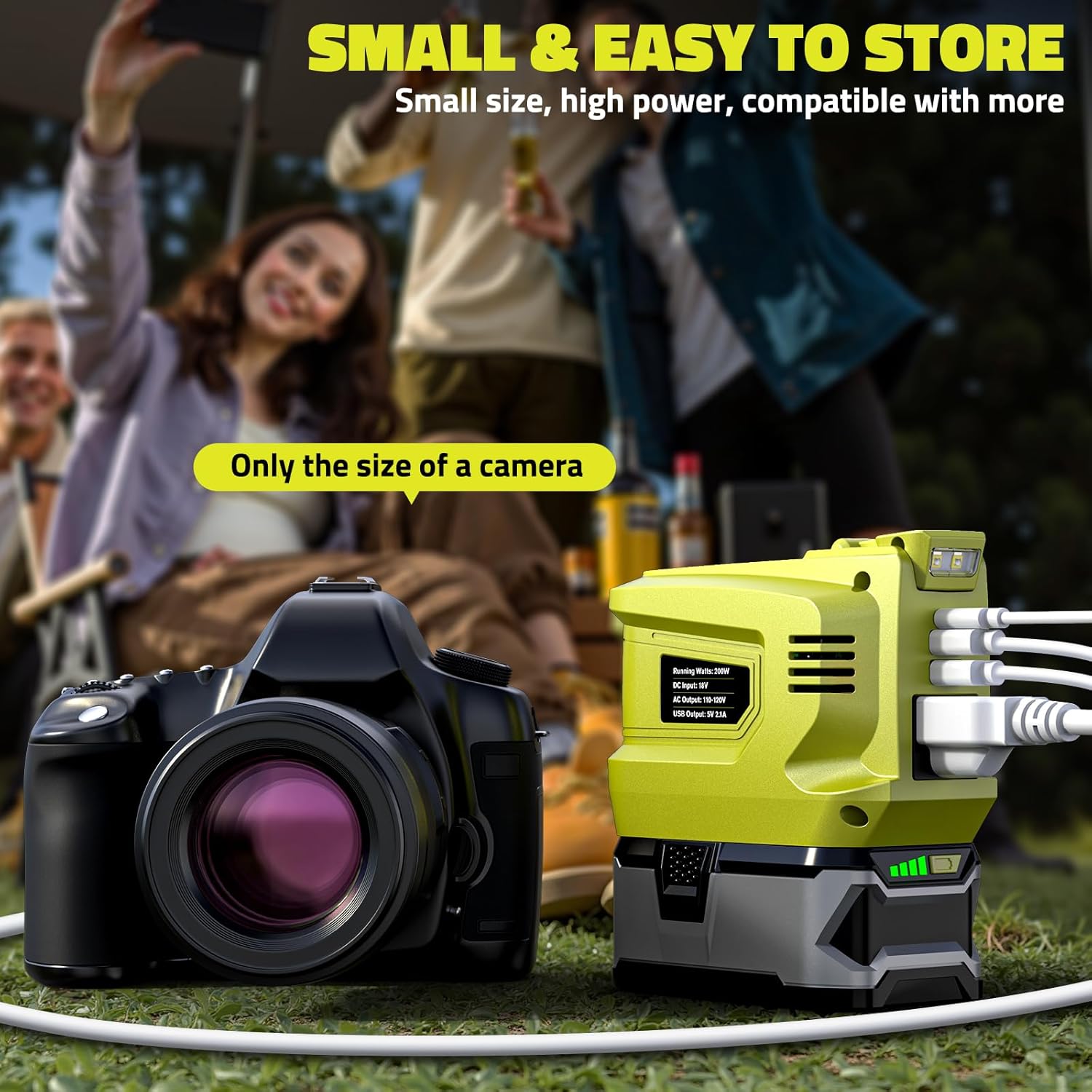 Ecarke 200W Portable Power Inverter Compatible with Ryobi 18V Battery, DC 18V to AC 110V Power Station with 1 AC Outlet, 2 USB, 1 Type-C & LED Light, for Outdoor Emergency Use (No Battery)