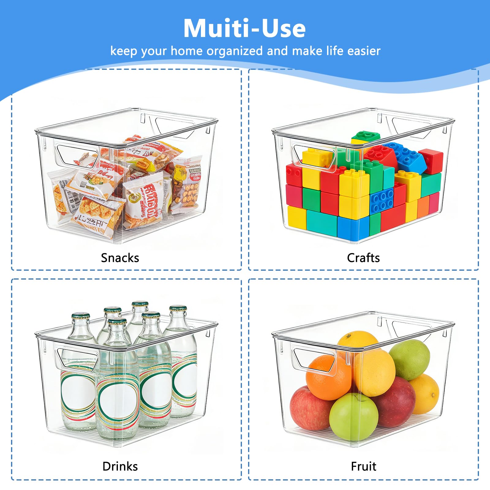 Juego de 6 cajas de almacenamiento con tapa, 29 x 18 x 15 cm, organizadores transparentes para frigorífico, cajas de plástico apilables con asas para cocina, despensa, baño y oficina