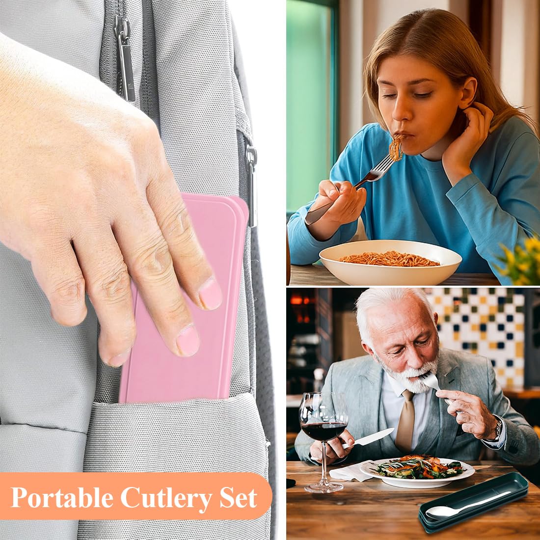 3 Pezzi Posate Da Campeggio Kit con Borsa Portaoggetti, set di Posate Portatili in Acciaio Inox, Utensili da Viaggio, Lavabili in Lavastoviglie, per Campeggio Picnic Scuola Pranzo(Rosa)