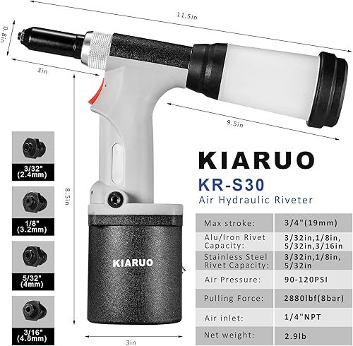 Miniatura 2 de KIARUO Pneumatic Rivet Gun S30 Self-Suction Air Rivet Gun 316" 532" 18" 332" Hydraulic Riveter with 1 Set of Extra Jaws