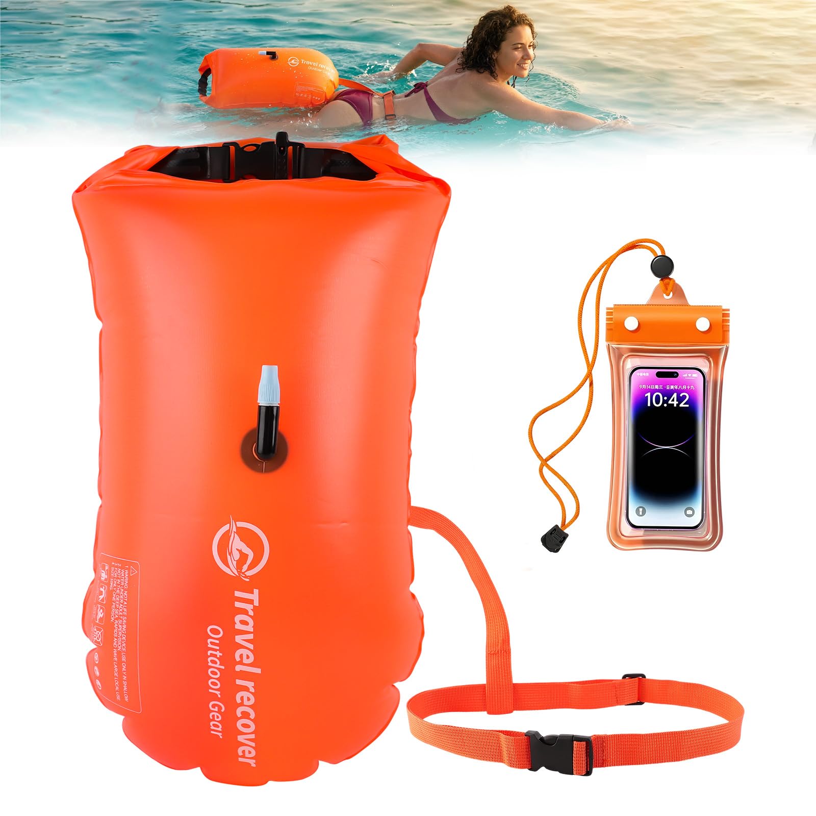 20L Boa nuoto acque libere, Boa nuoto con borsa impermeabile | Boe gonfiabili adatte per acque libere e triathlon, Custodia impermeabile per telefono inclusa, Arancione