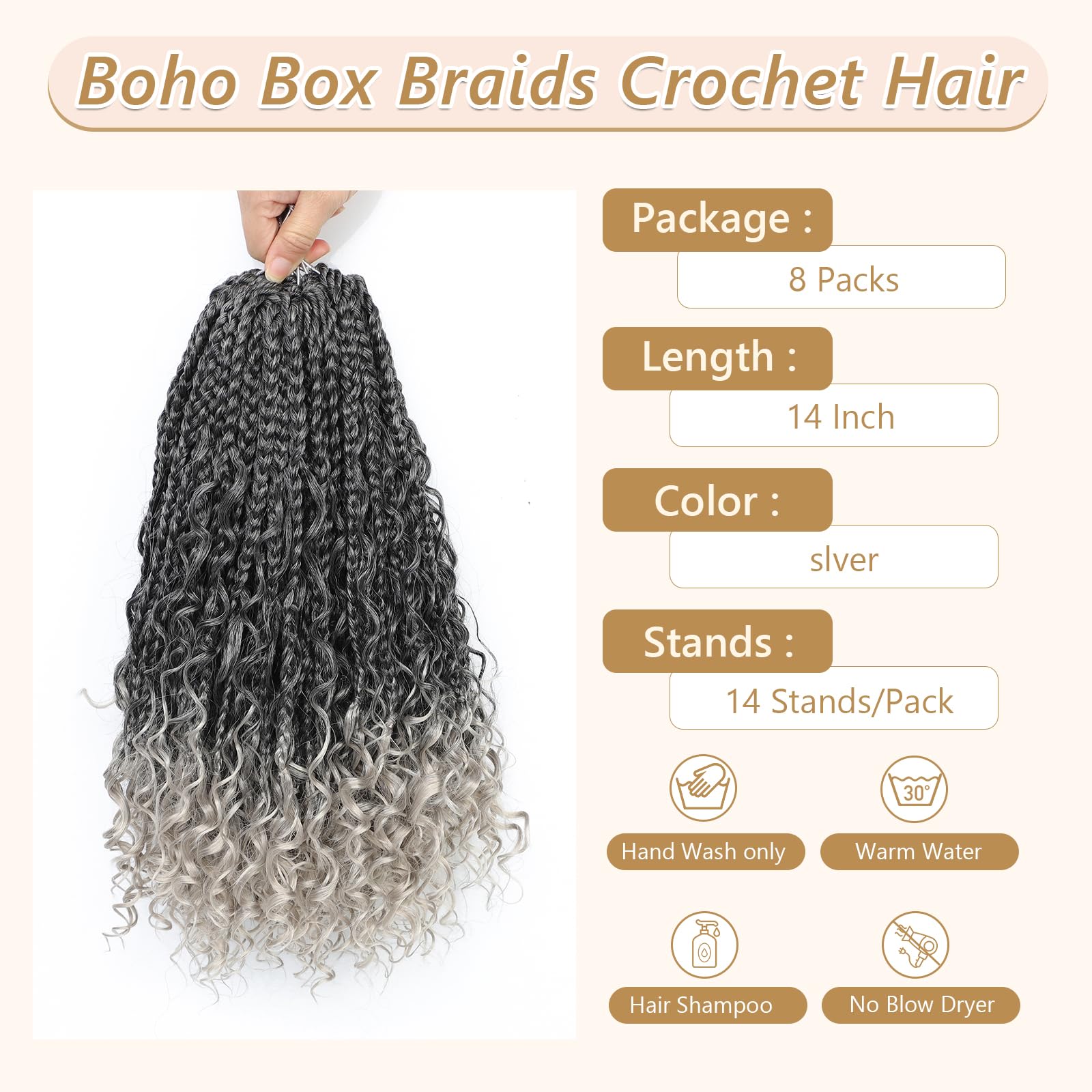 Boho Crochet Braids With Curly Ends - Goddess Box Braids, Boho Style - Pre Looped (14, 8 Packs, 1B/Silver#) - Image 3