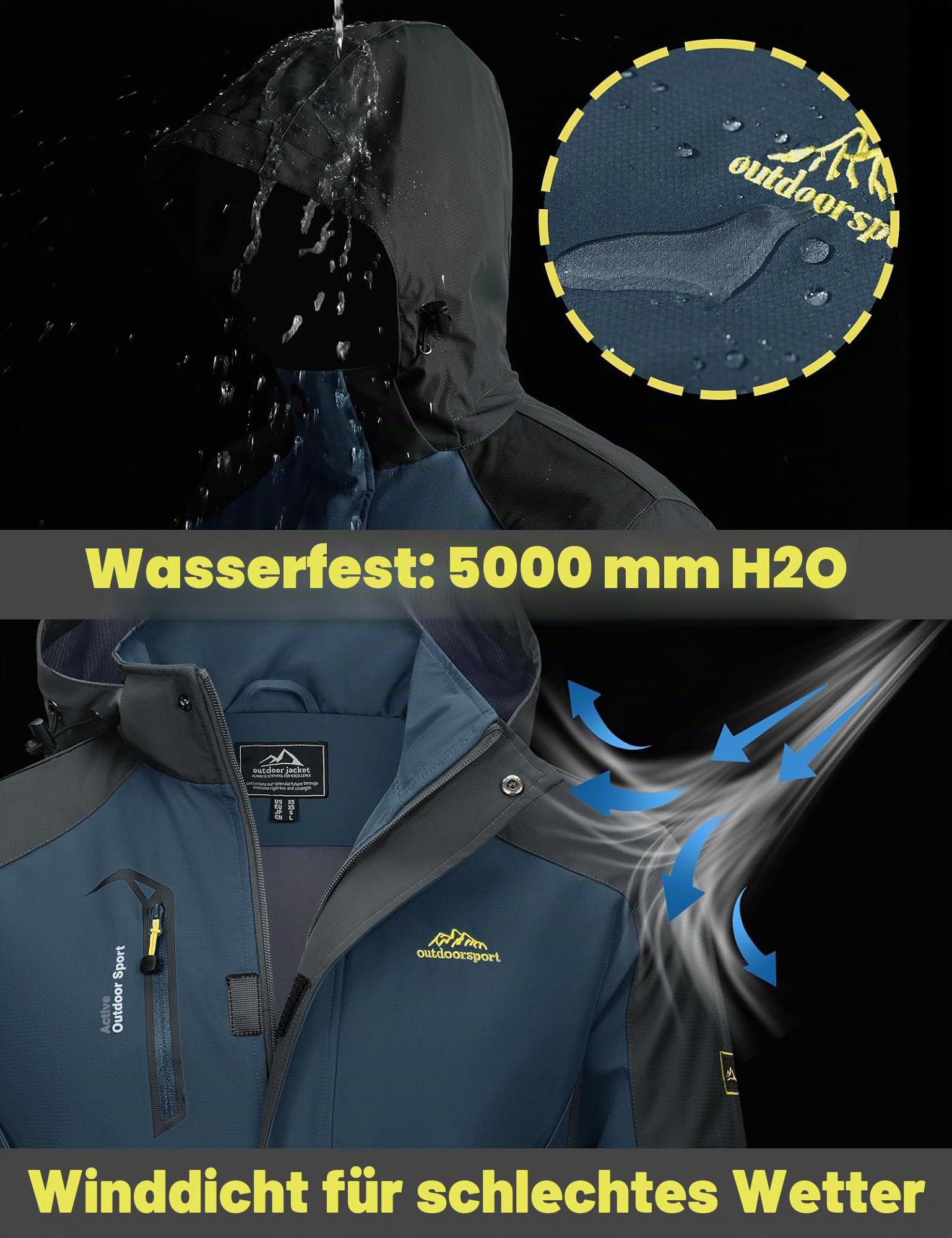 TACVASEN Herren Übergangsjacke Wasserabweisende Softshelljacke Leicht Wanderjacke Regenjacke mit Abnehmbarer Kapuze