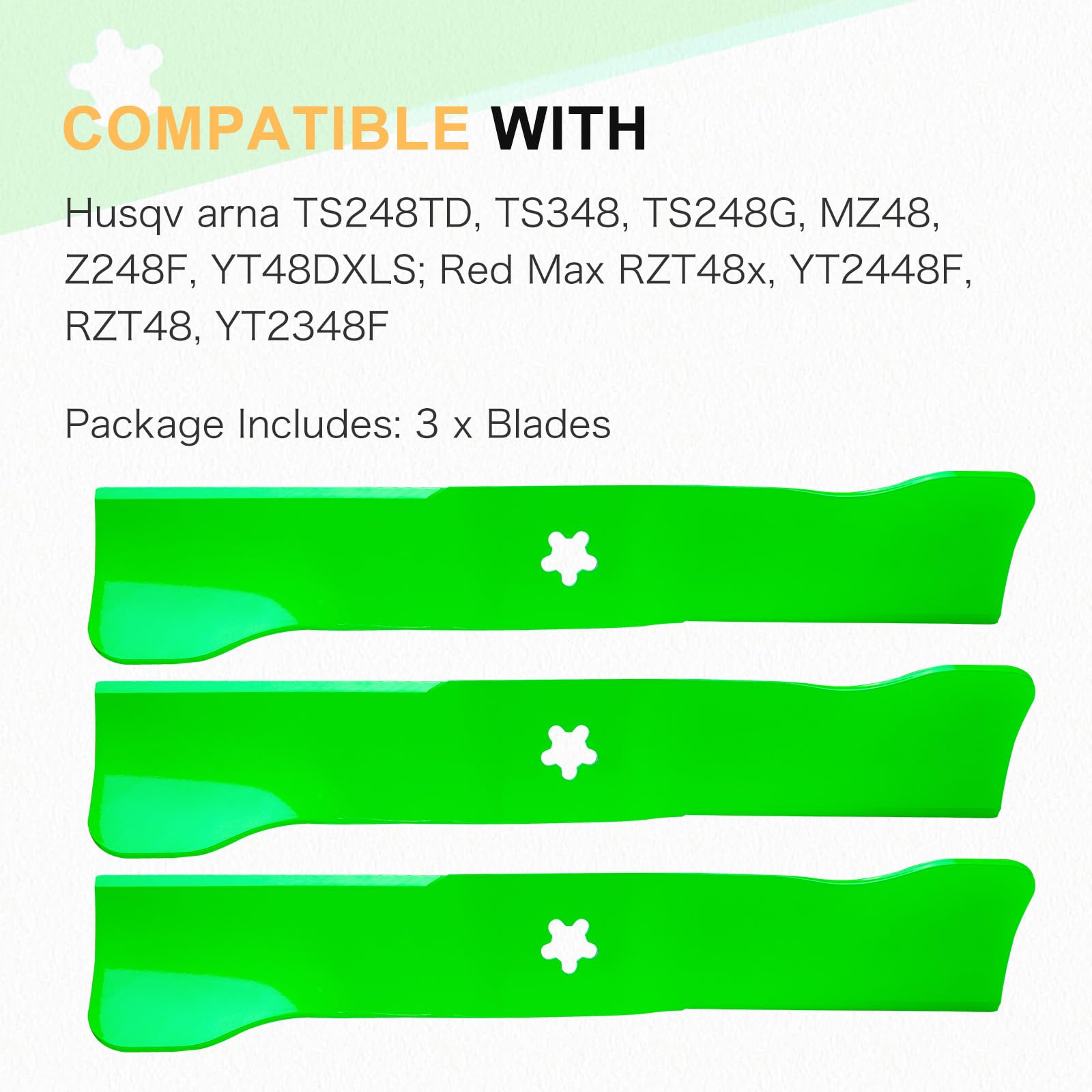 Paquete de 3 cuchillas de alta elevación para cortacésped Husq Varna TS248TD TS348 Red Max RZT48 YT2348F YT2448F RZT48x 48 pulgadas