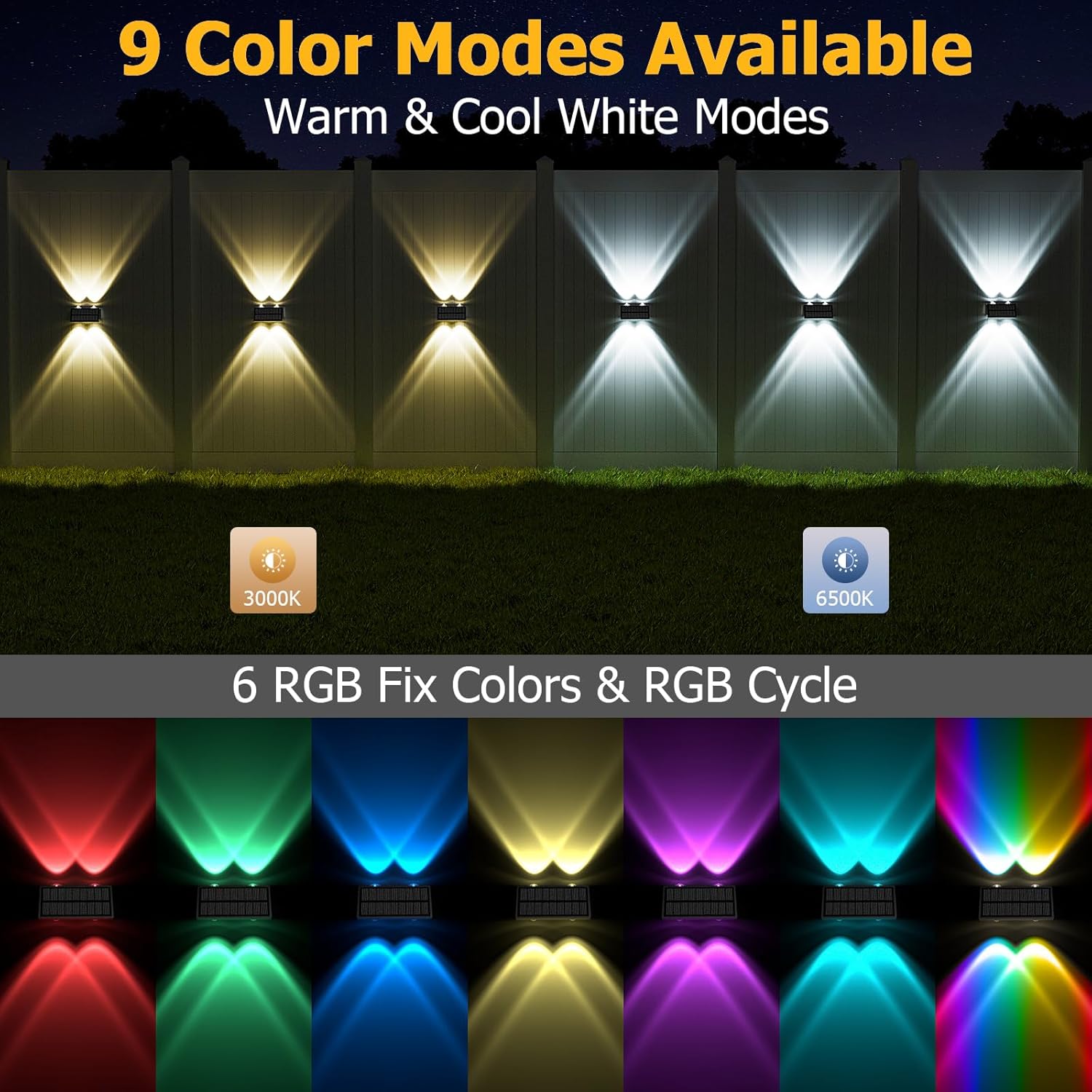Solar Fence Lights Outdoor, 12 Pack Warm & Cool White RGB LED IP68 Waterproof Wall Mount Sconce Up & Down Solar Lights for Outside Garden Patio Backyard Garage Step(Black - Image 2