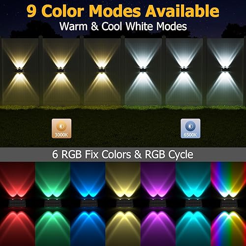 Miniatura 2 de Luces solares para valla al aire libre, paquete de 12 luces solares RGB LED RGB impermeables IP68 para montaje en pared, luces solares arriba y