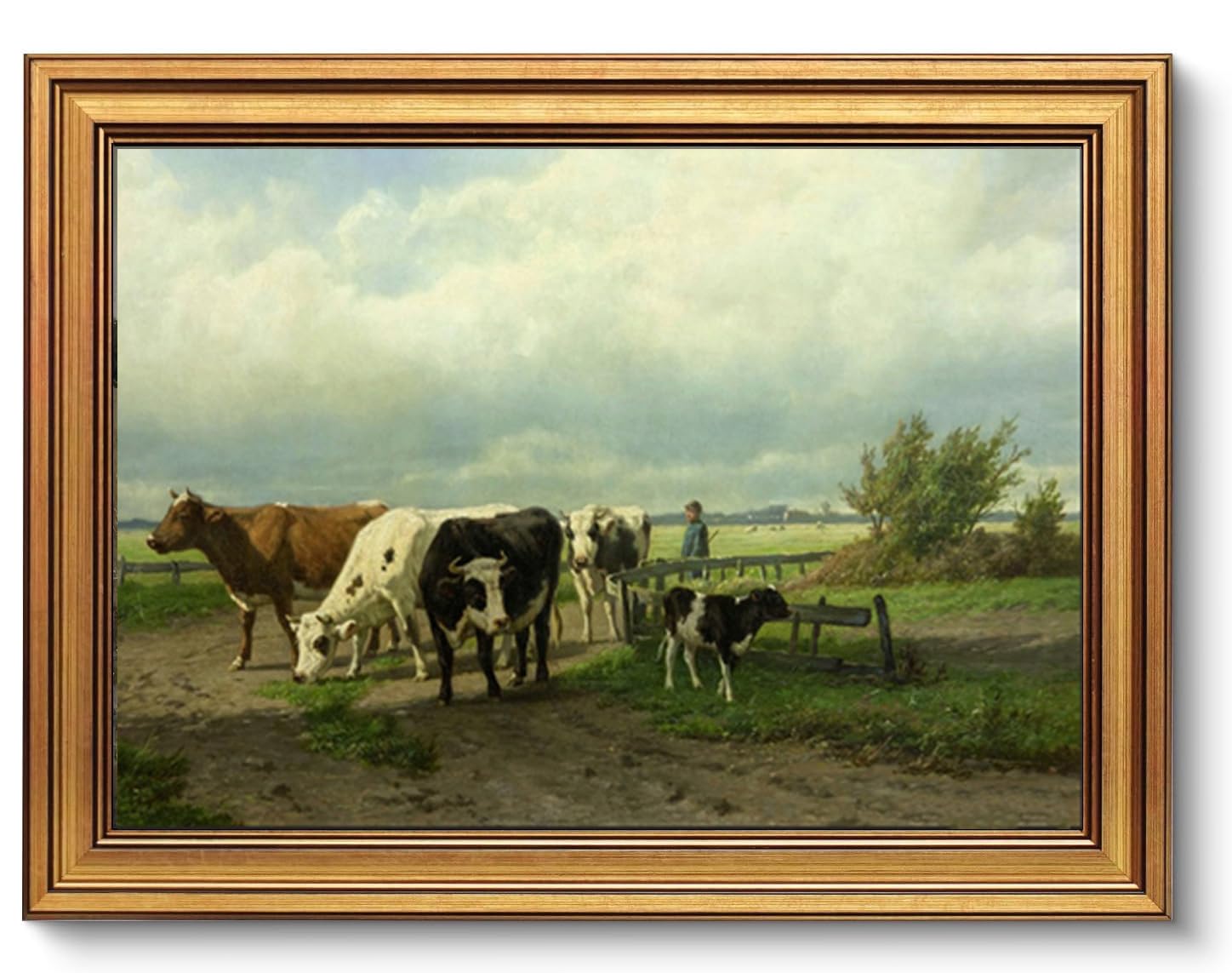 AGOLINE Gold Framed Vintage Wall Art for Living Room (12x16in)-Cattle and Farm Boy Oil Painting Shelf Decor for Kitchen Farmhouse Decor,Framed Prints For Bedroom Walls,Vintage Landscape Wall Art — image 1