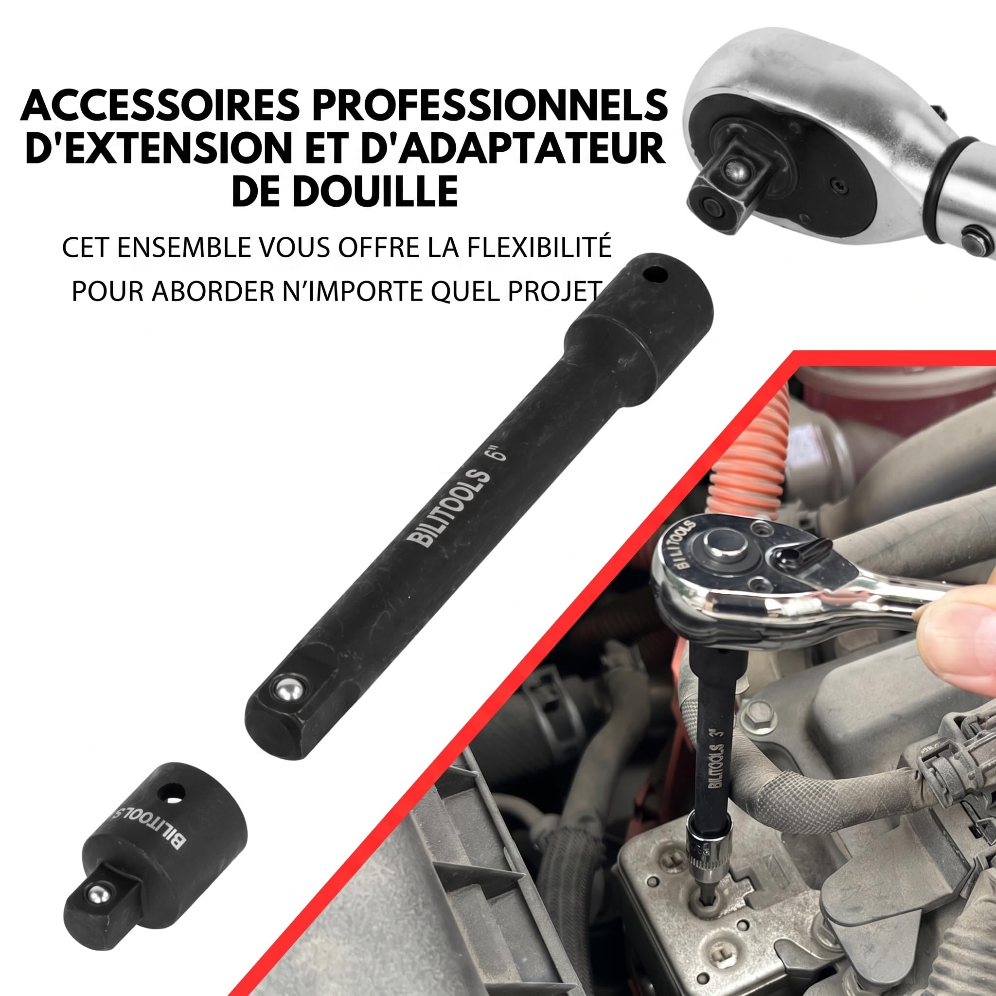 BILITOOLS Rallonge Cliquet 18 pièces 1/4", 3/8", 1/2" Jeu en acier Cr-V