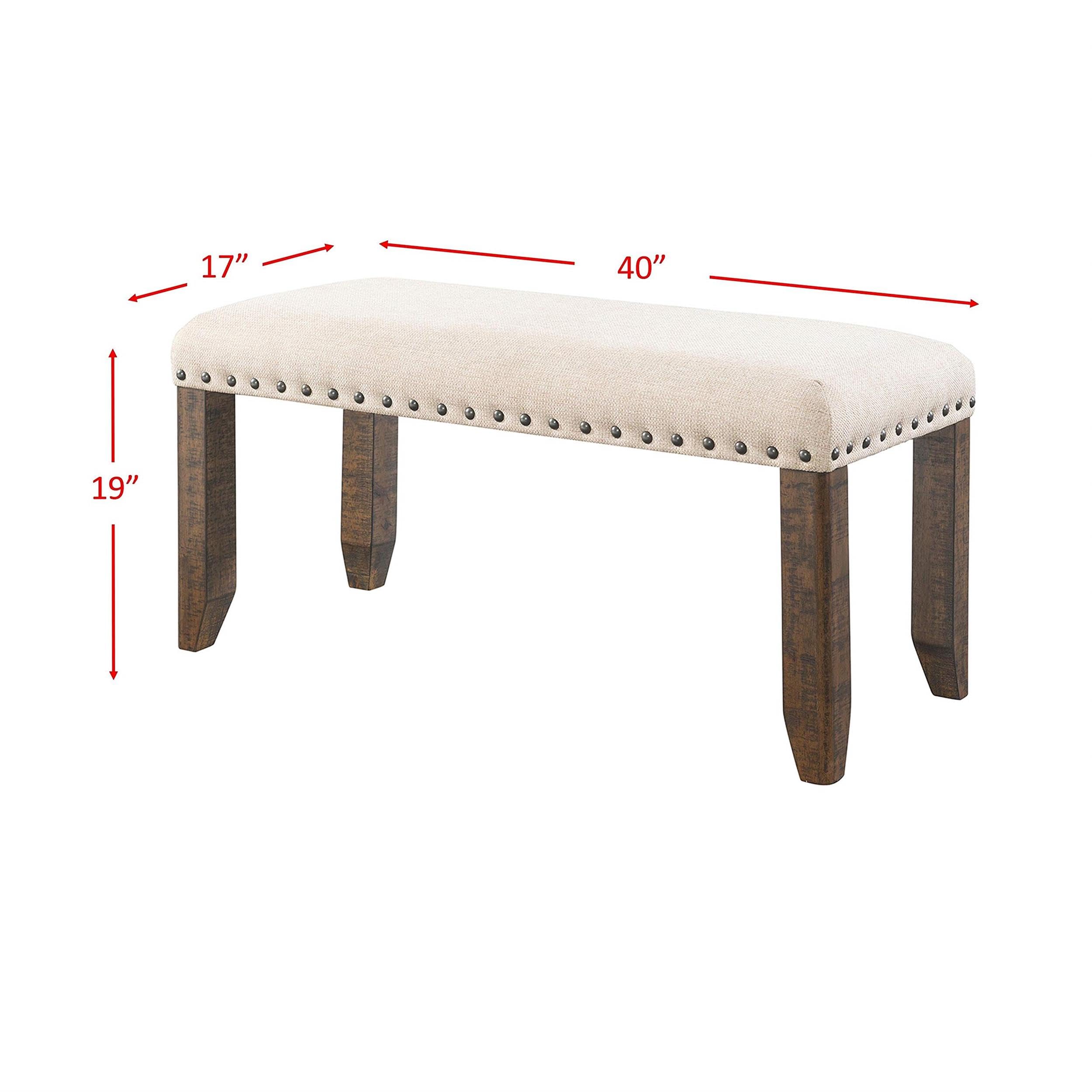 BOWERY HILL Kitchen Bench, 40 in Wide, Rubber Wood and Acacia Veneer, Smokey Walnut Finish, Cream Upholstery, Nail Head Trim, Distressed Rustic Style, Comfortable Seating for Dining Room