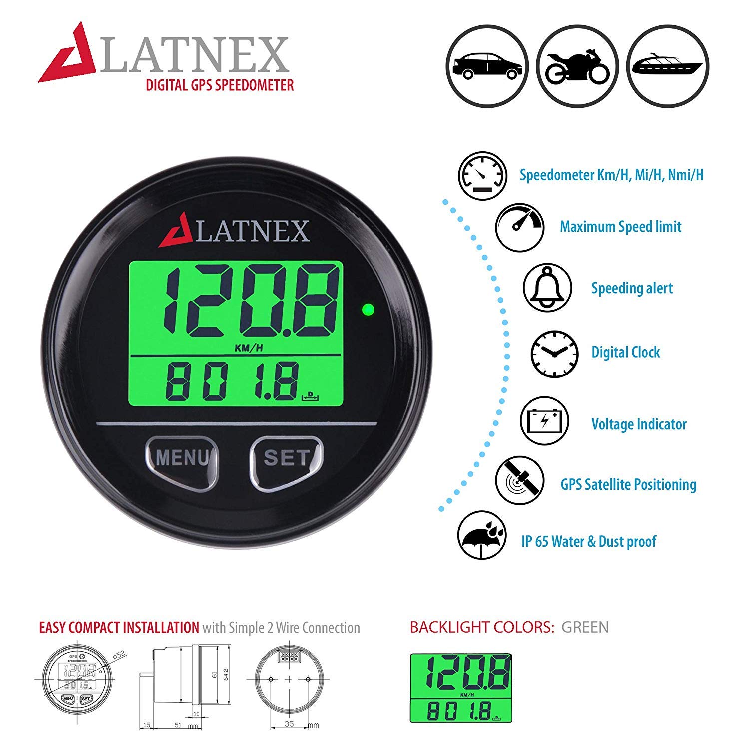 Buy LATNEX® GPS Speedometer Odometer Waterproof with Green Digital