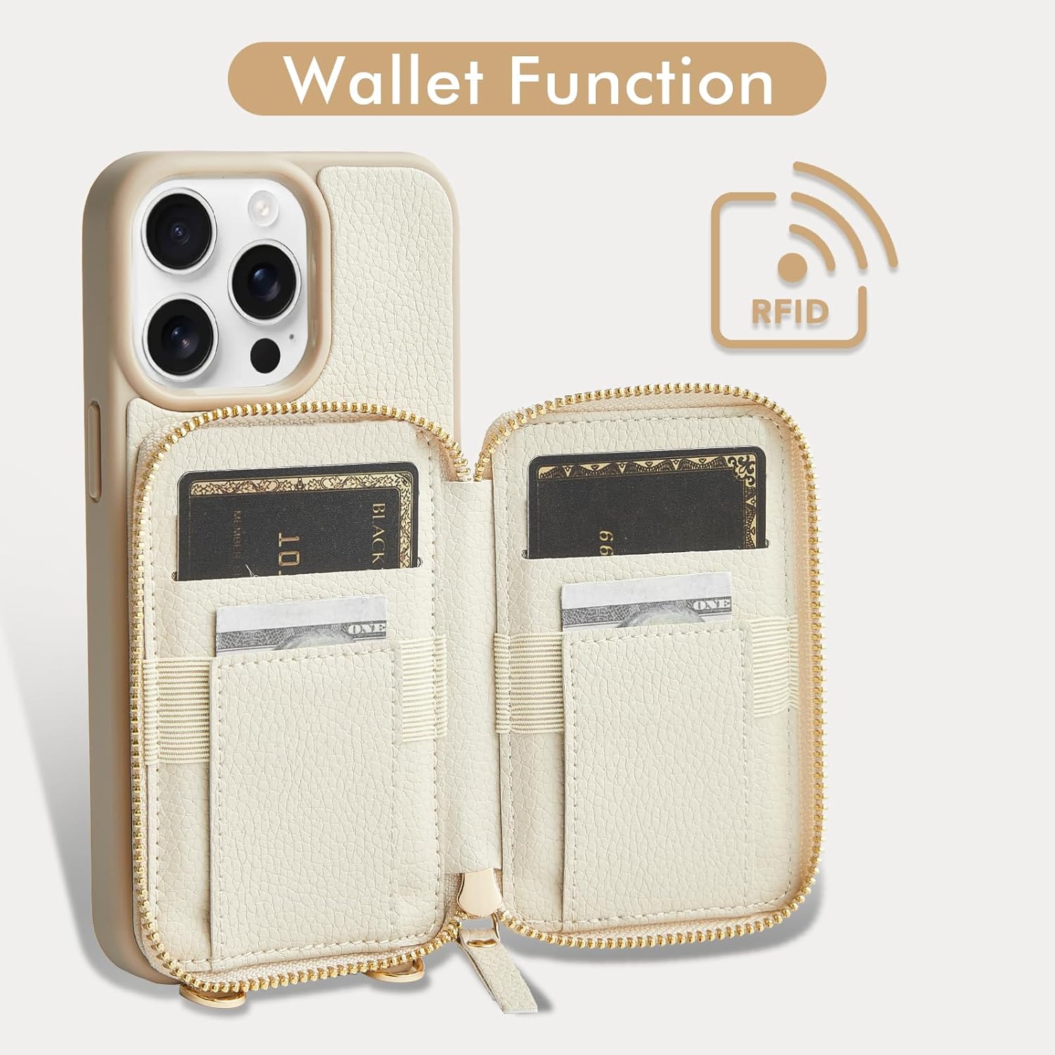 ZVE for iPhone 14 Pro Wallet Case Crossbody, Zipper Card Phone Case with Wrist Strap, Leather Cover with RFID Blocking for Women Compatible with iPhone 14 Pro, 6.1 inch, 2022-Beige - Image 2