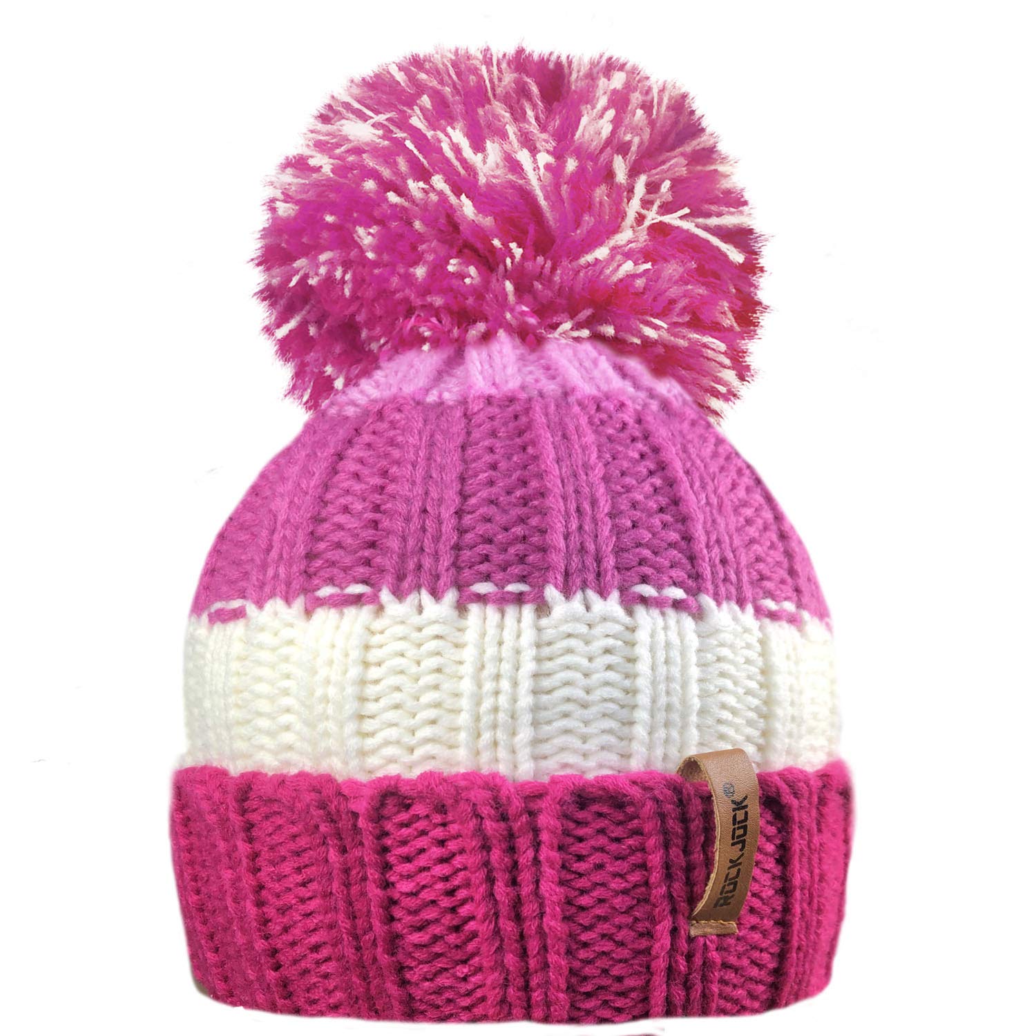 RockJockR80 Kids Girls Boys Ribbed Striped Thermal Insulating Bobble Hat with Cosy Fleece Lining