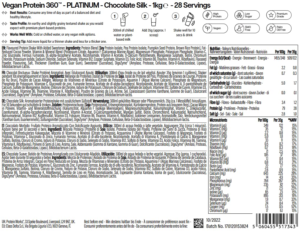 Protein Works | Vegan Protein 360 – PLATINUM Innovation, Poudre Protéine Vegan Premium, Shake Protéiné Végétal, Vitamines & Minéraux Essentiels, Faible Sucre, Chocolat Onctueux, 28 Portions, 1kg