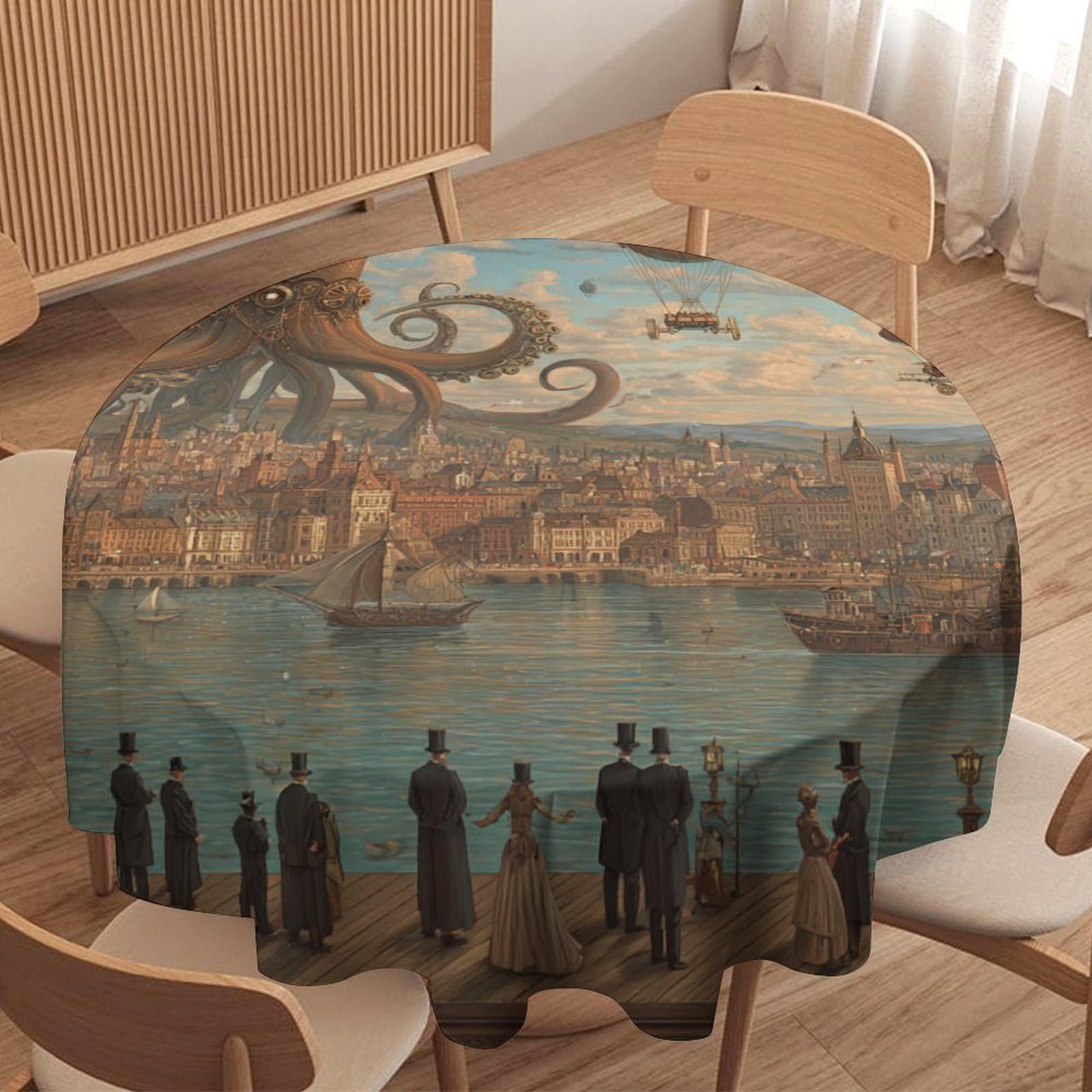LUYYSKY Cool Realistic Sea Octopus Waterproof Round Tablecloth Classic Steampunk Art Nautical Ocean Animal Octopus Hot Air Balloon Washable Table Cover for Kitchen-152.4" Wx152.4 L cm