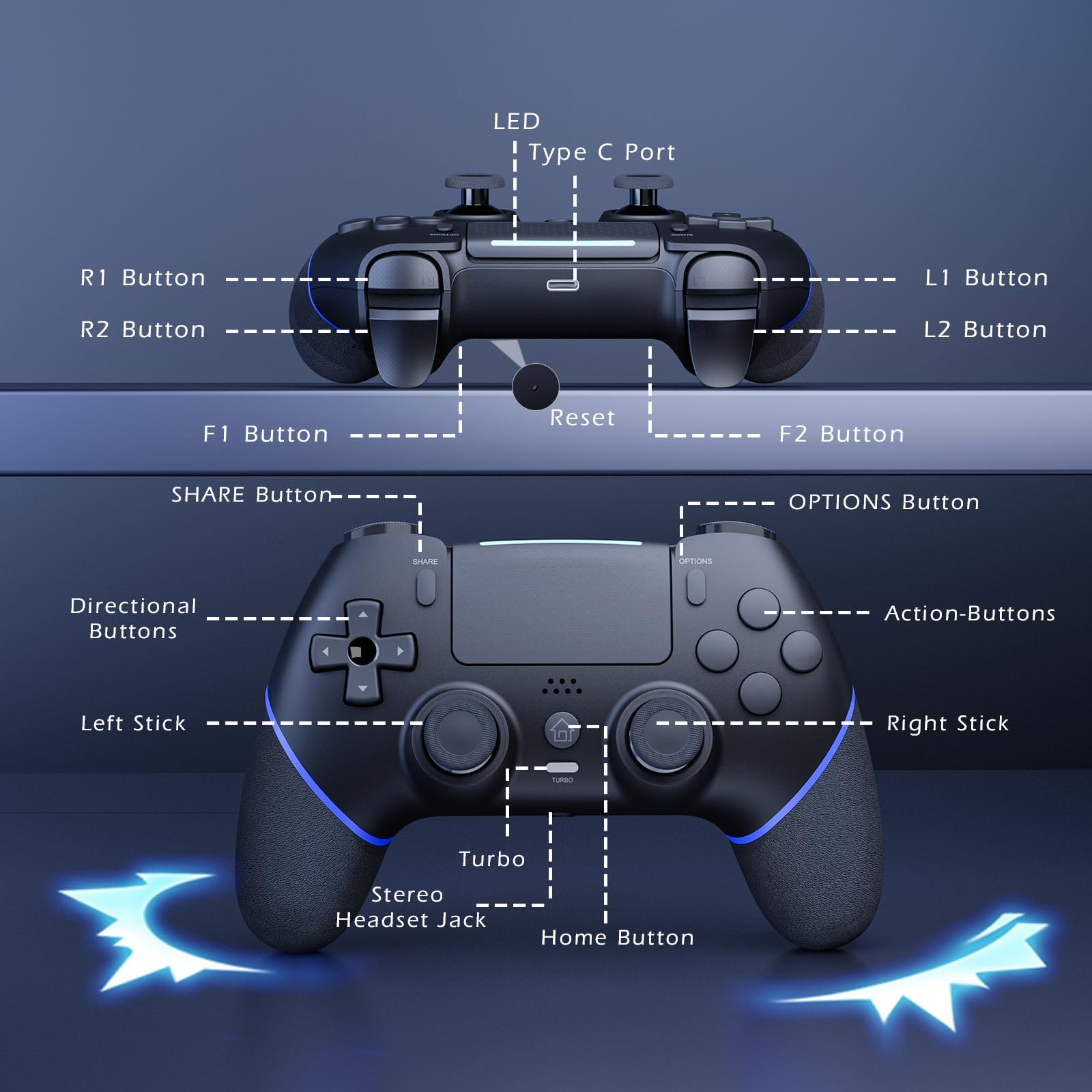 CHEREEKI Manette pour PS4 avec Bluetooth, Manette sans Fil PS4 avec Joystick Hall/Macro Bouton Programmation/Turbo/Double Vibration/Haut-Parleurs et Prise Casque, 1000mAh, Noir