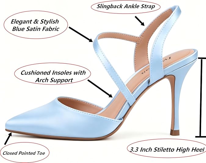 Closed Toe Slingback Heels Wedding High Stiletto Heel for Women 3.3 Inch Ankle Strap Pointed Toe Pumps Prom Dress Bride Shoes for Dinner Party Sexy